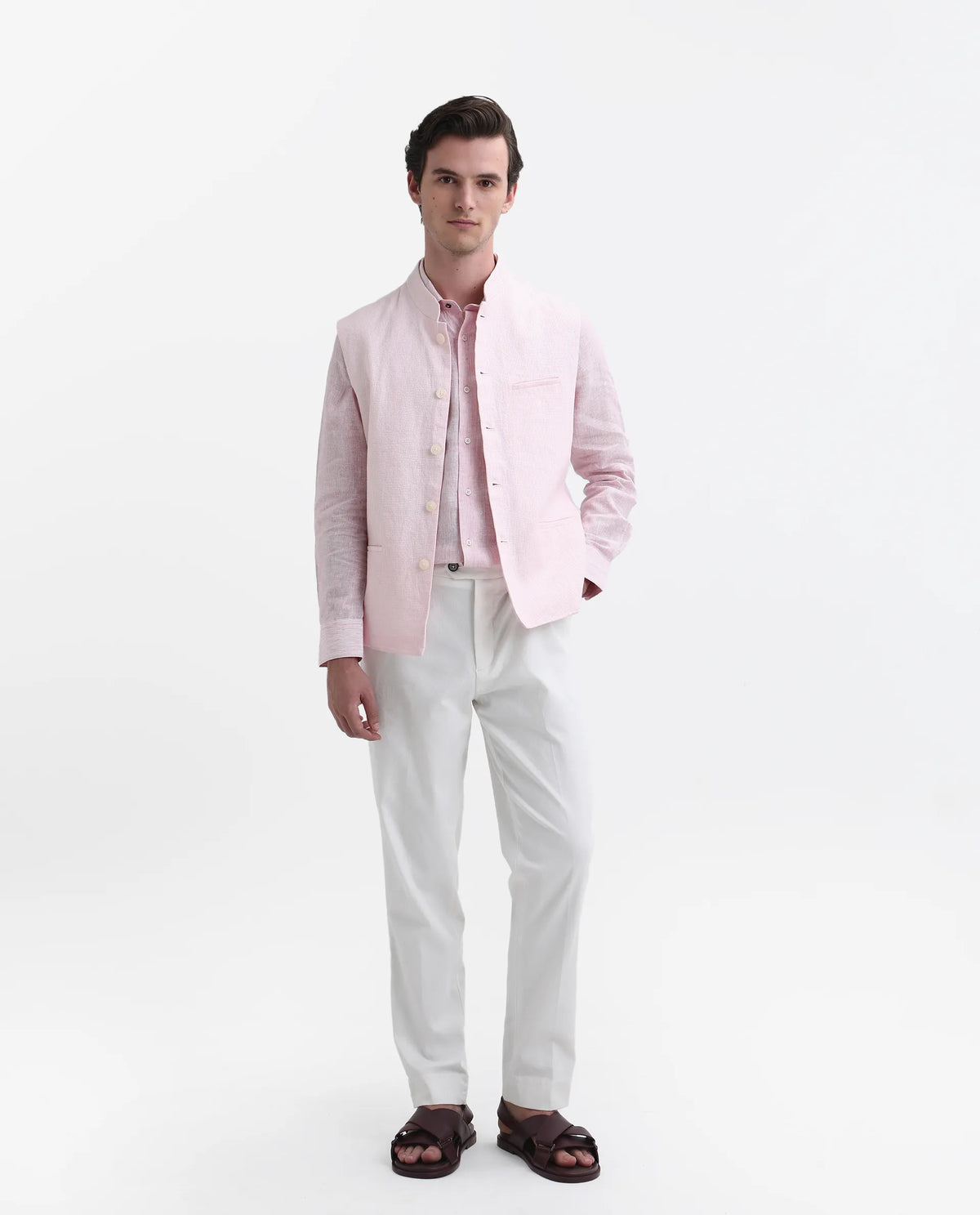Rare Rabbit Men's Caps Pink Linen Plain Tailored Fit Sleeveless Mandarin Collar Bandhgala