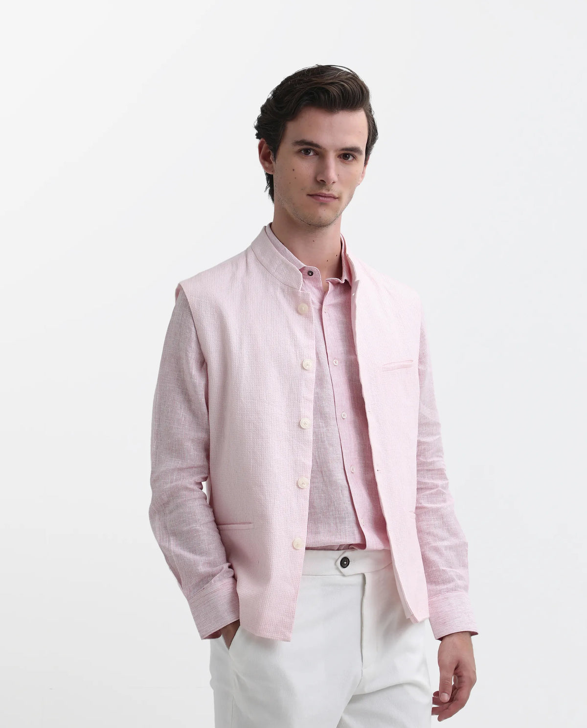 Rare Rabbit Men's Caps Pink Linen Plain Tailored Fit Sleeveless Mandarin Collar Bandhgala
