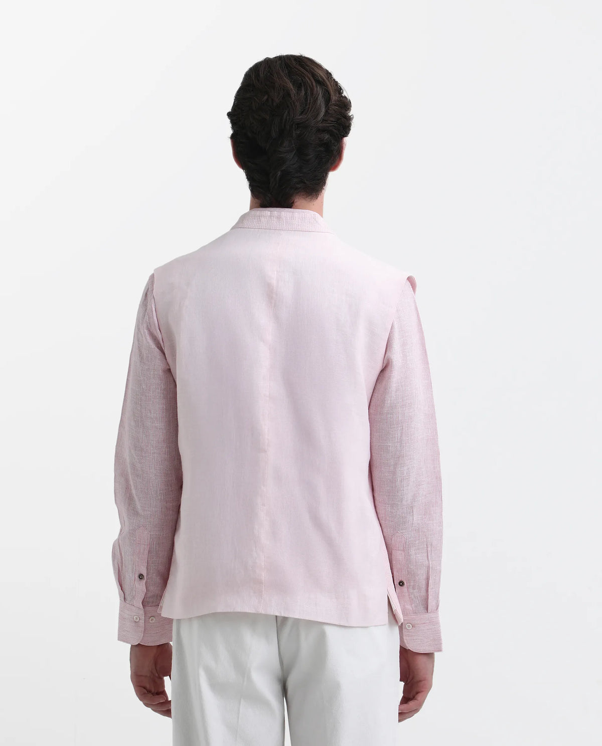 Rare Rabbit Men's Caps Pink Linen Plain Tailored Fit Sleeveless Mandarin Collar Bandhgala