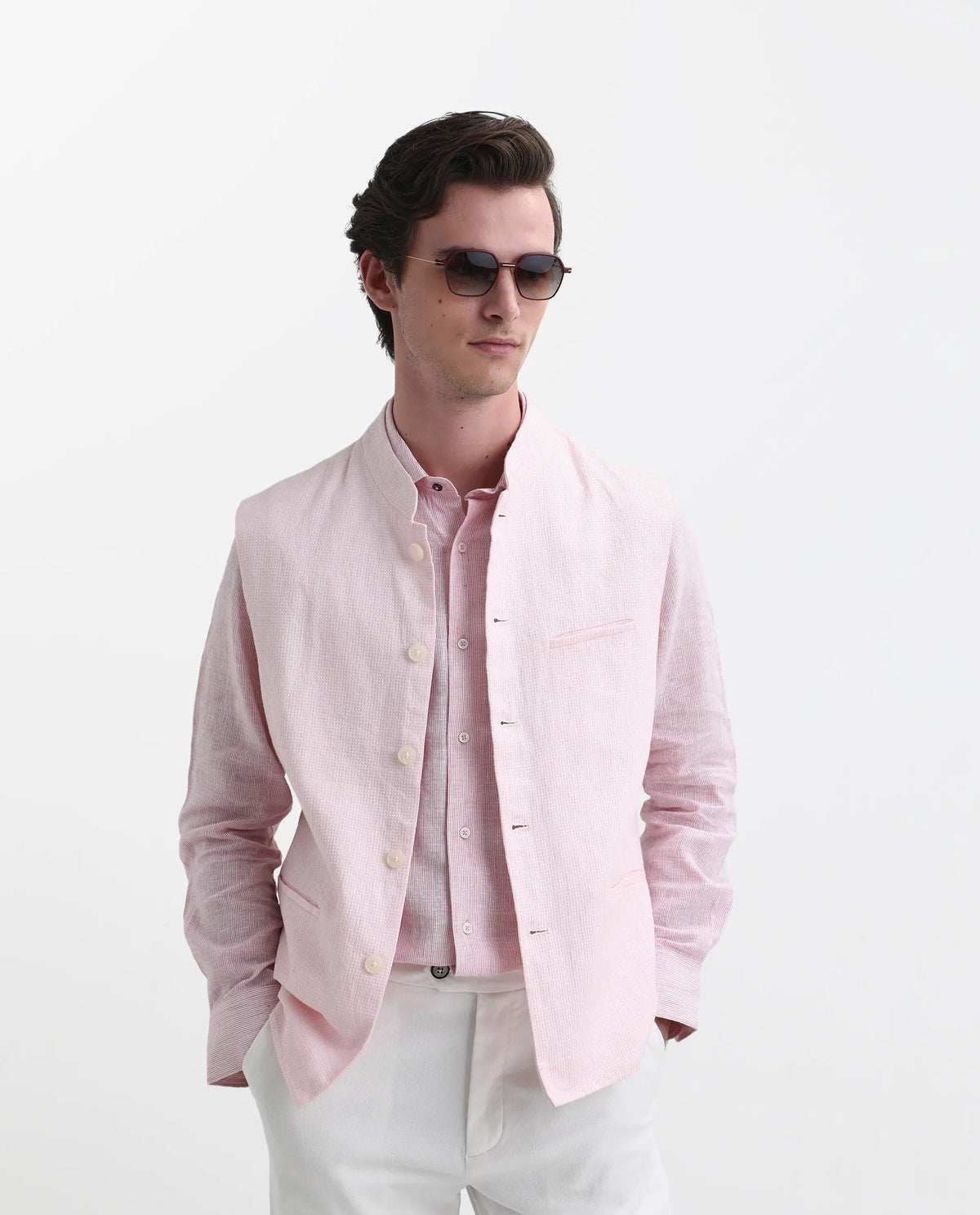 Rare Rabbit Men's Caps Pink Linen Plain Tailored Fit Sleeveless Mandarin Collar Bandhgala