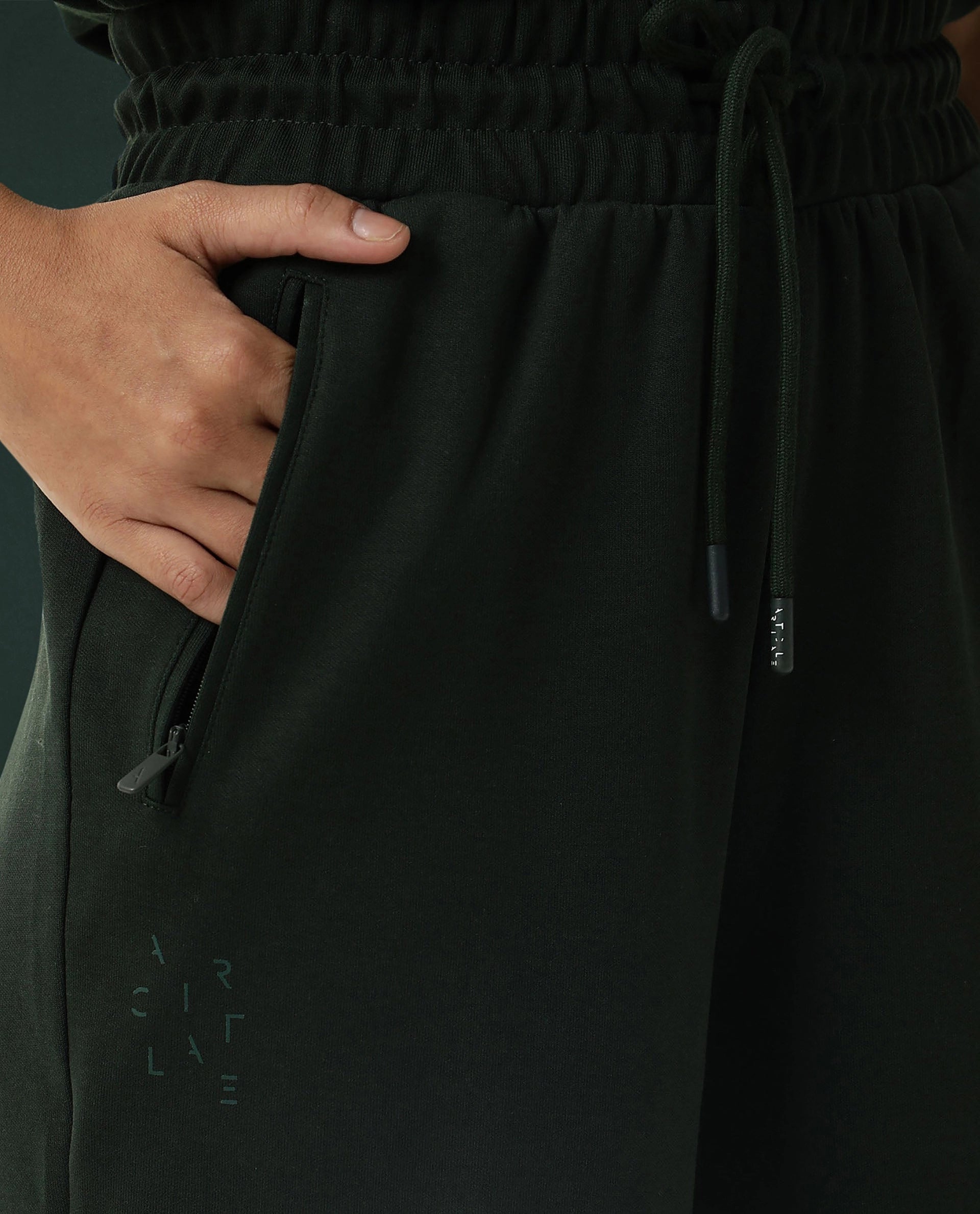 Rareism Women Capsule Dark Green Cotton Blend Fabric Relaxed Fit Solid Mid Rise Ankle Length Track Pant