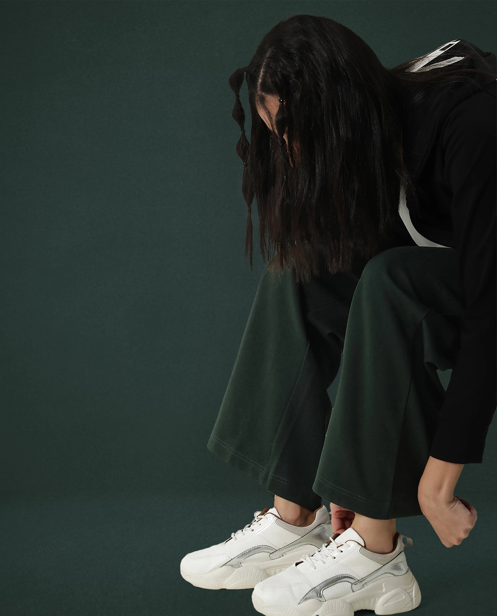 Rareism Women Capsule Dark Green Cotton Blend Fabric Relaxed Fit Solid Mid Rise Ankle Length Track Pant