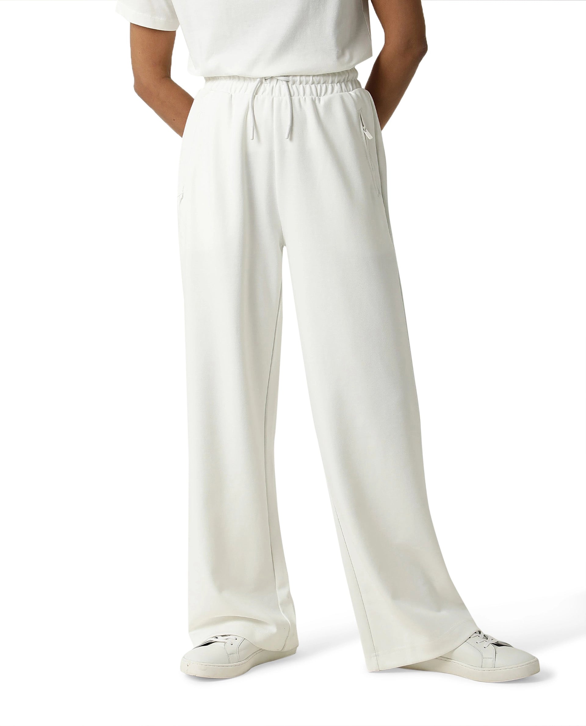 Rareism Women Capsule Off White Cotton Blend Fabric Relaxed Fit Solid Mid Rise Ankle Length Track Pant