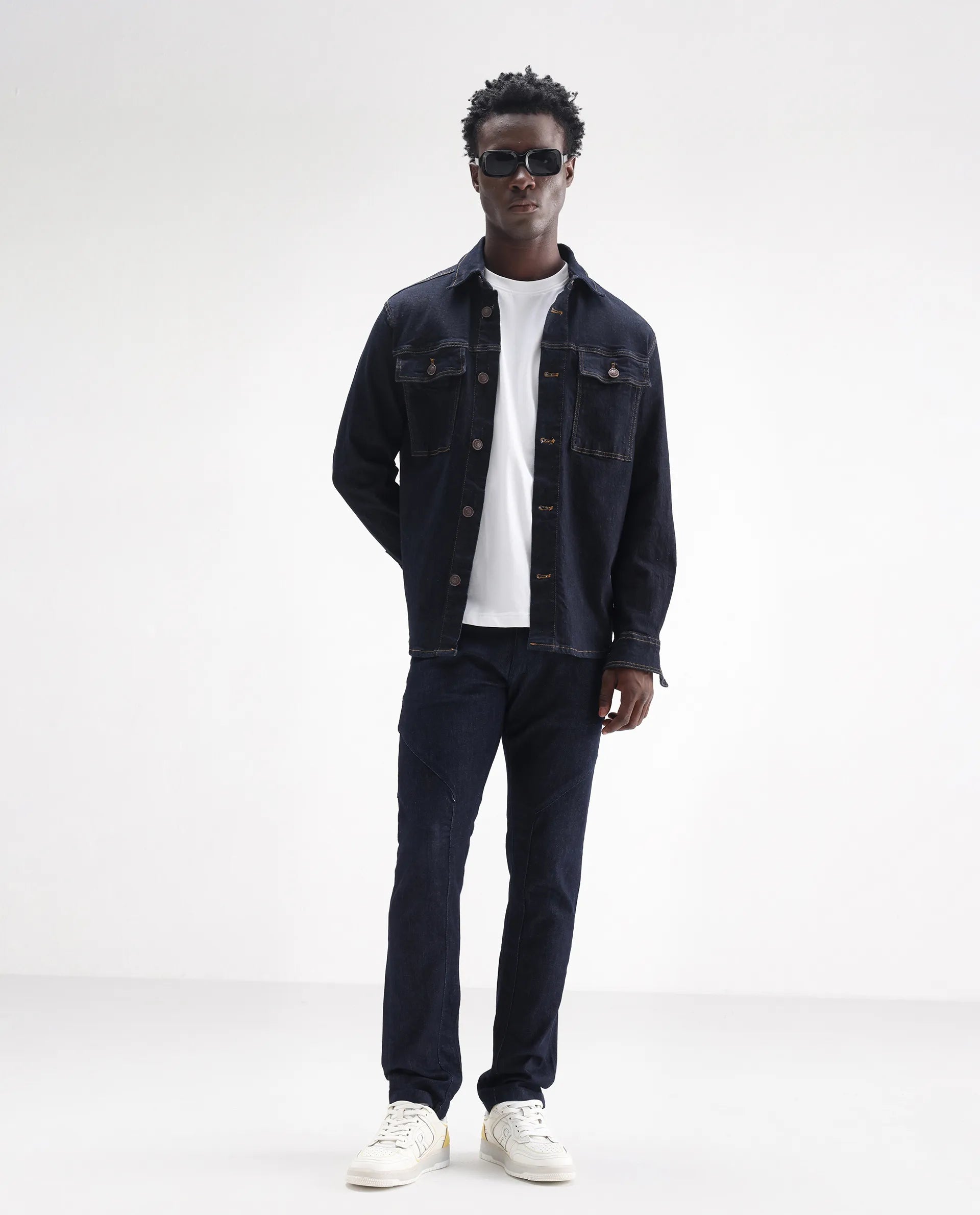 Rare Rabbit Men's Cardiff Blue Cotton Plain Hawk Slim Fit Jeans