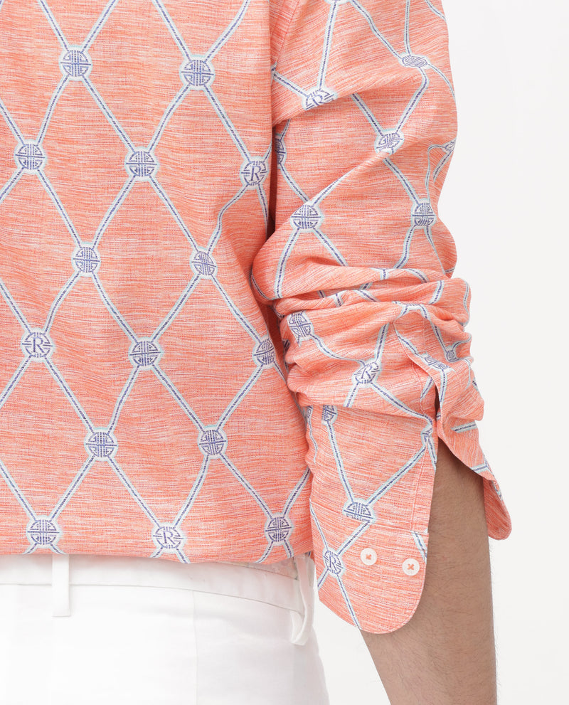 Rare Rabbit Mens Cardoz Orange Cotton Viscose Fabric Full Sleeves Geometric Print Shirt