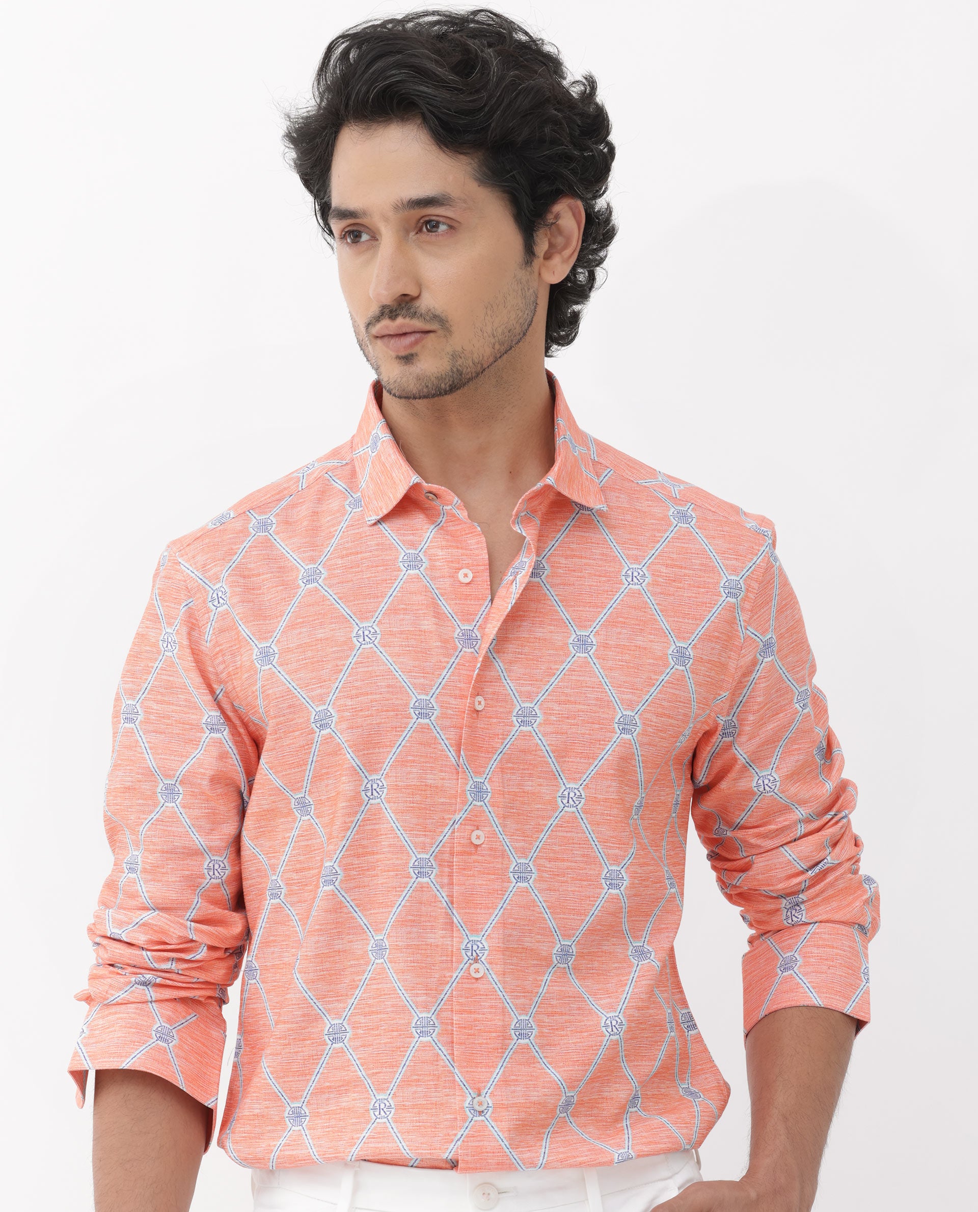 Rare Rabbit Mens Cardoz Orange Cotton Viscose Fabric Full Sleeves Geometric Print Shirt