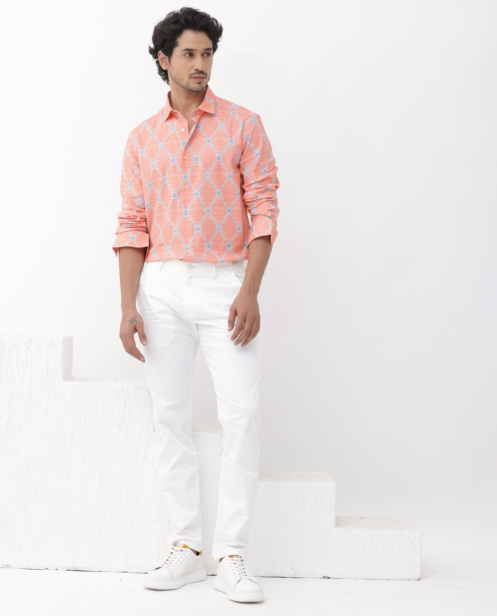 Rare Rabbit Mens Cardoz Orange Cotton Viscose Fabric Full Sleeves Geometric Print Shirt