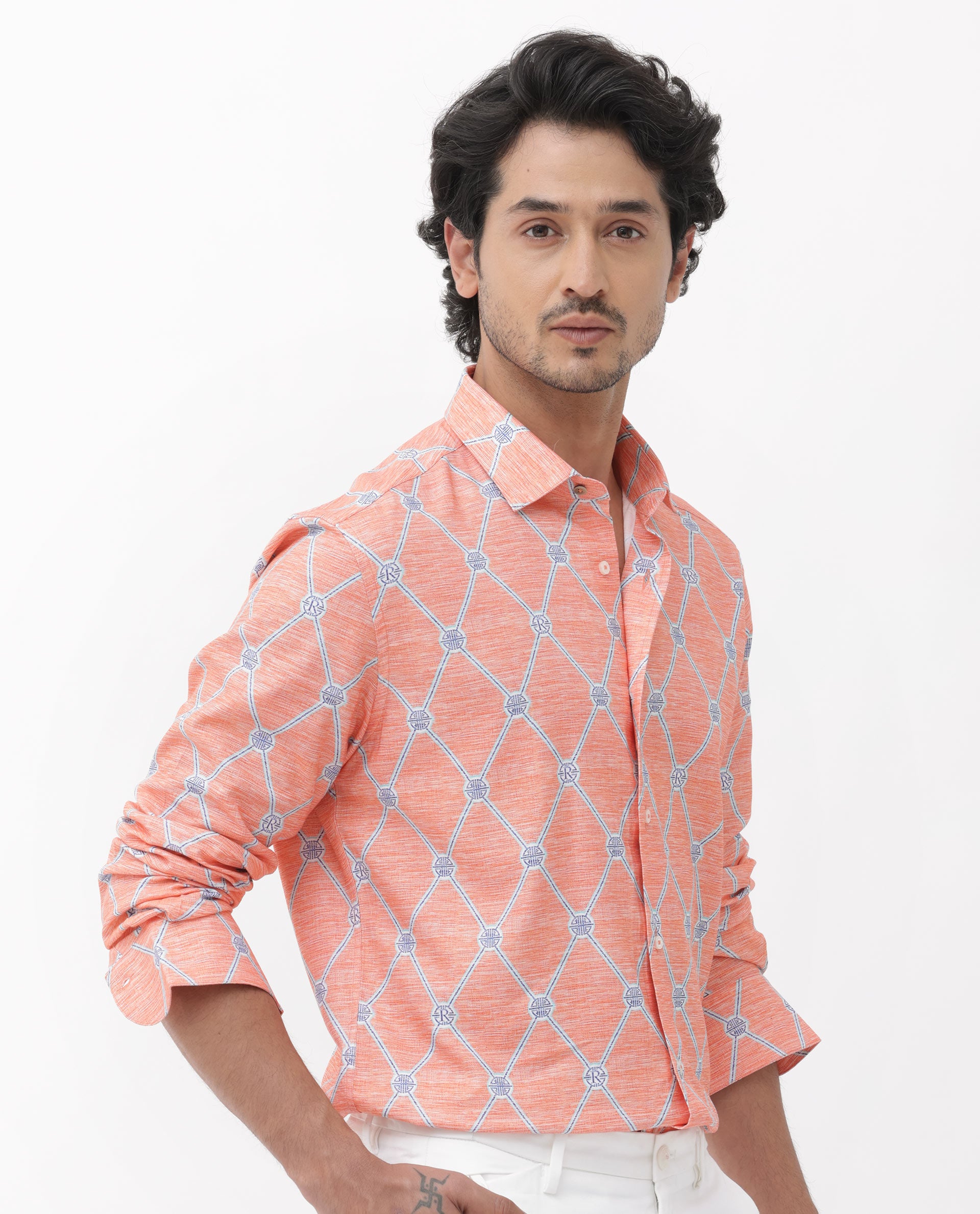 Rare Rabbit Mens Cardoz Orange Cotton Viscose Fabric Full Sleeves Geometric Print Shirt