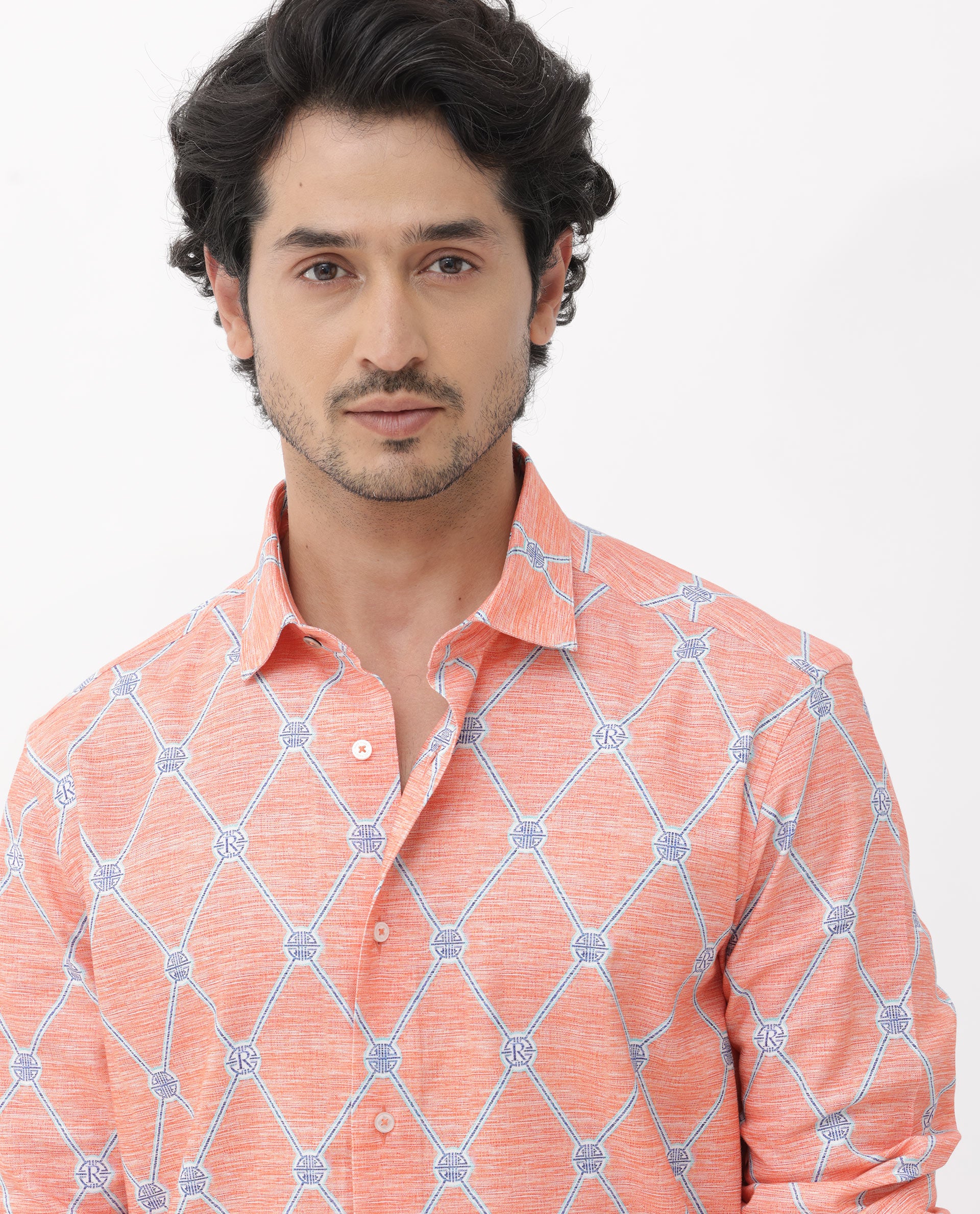 Rare Rabbit Mens Cardoz Orange Cotton Viscose Fabric Full Sleeves Geometric Print Shirt