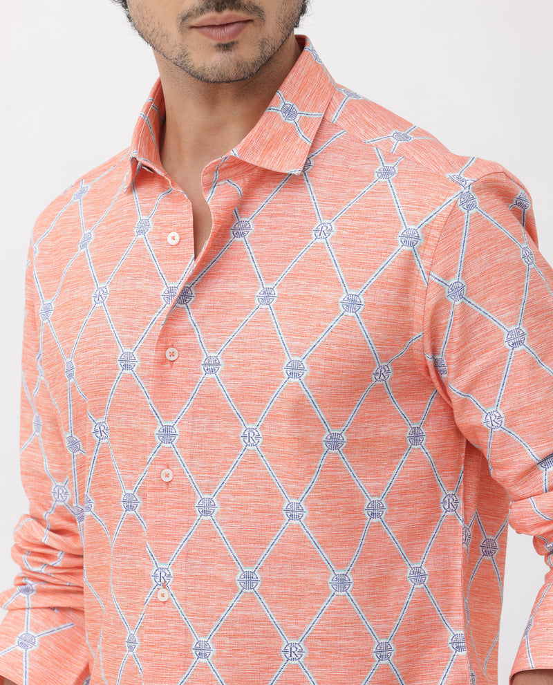 Rare Rabbit Mens Cardoz Orange Cotton Viscose Fabric Full Sleeves Geometric Print Shirt