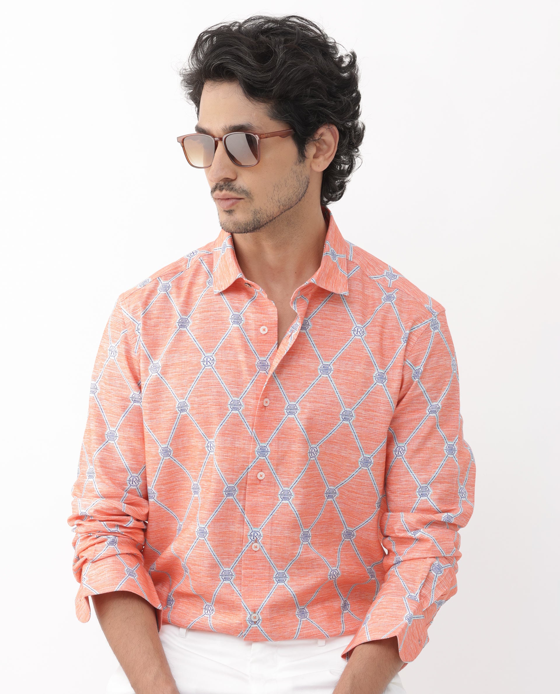 Rare Rabbit Mens Cardoz Orange Cotton Viscose Fabric Full Sleeves Geometric Print Shirt