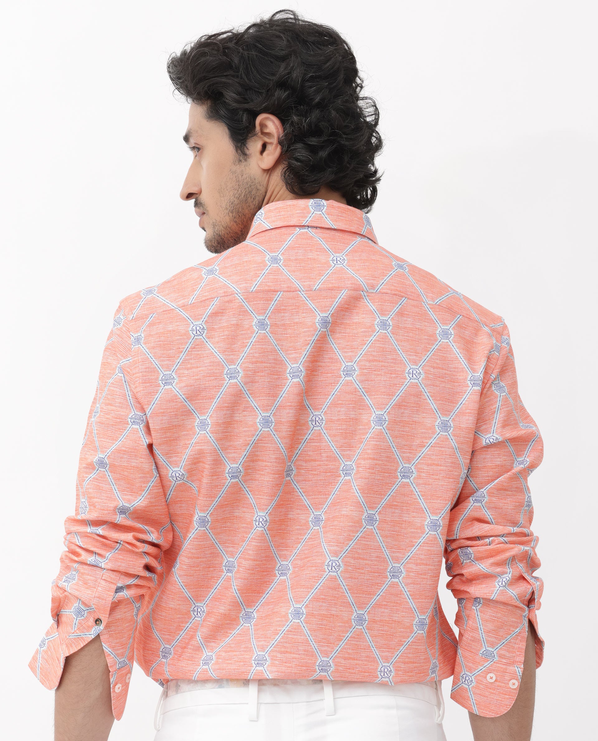 Rare Rabbit Mens Cardoz Orange Cotton Viscose Fabric Full Sleeves Geometric Print Shirt