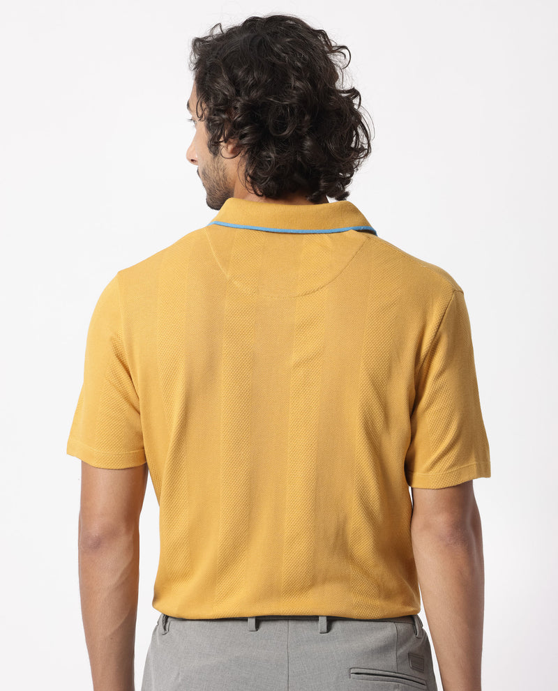 Rare Rabbit Men's Cardona Mustard Cotton Fabric Collared Neck Half Sleeves Striped Polo T-Shirt