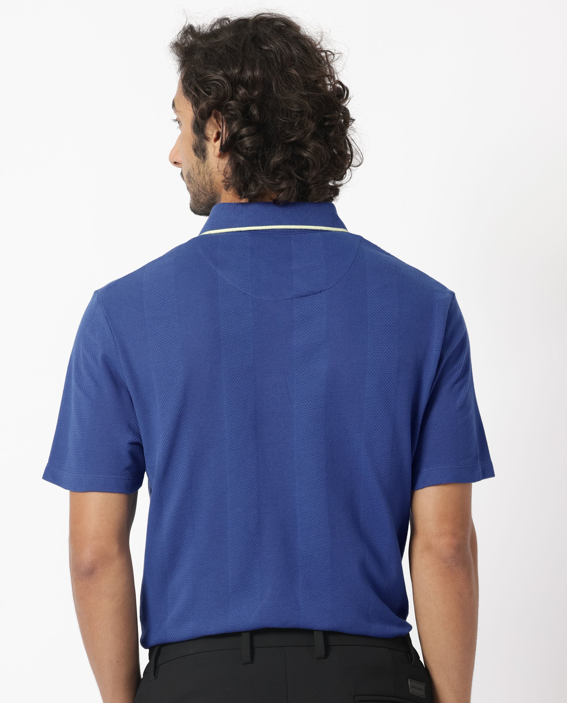 Rare Rabbit Men's Cardona Navy Cotton Fabric Collared Neck Half Sleeves Striped Polo T-Shirt