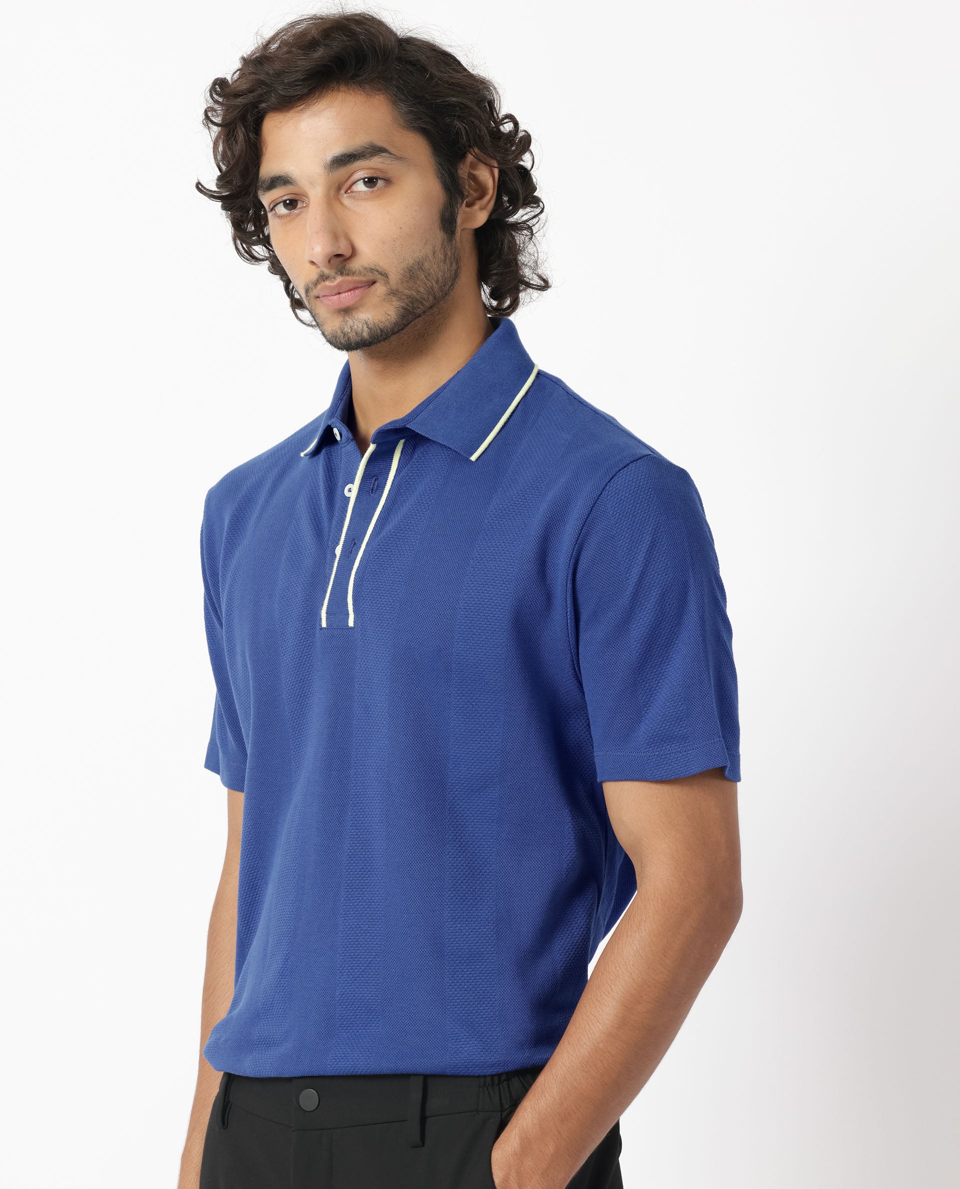 Rare Rabbit Men's Cardona Navy Cotton Fabric Collared Neck Half Sleeves Striped Polo T-Shirt