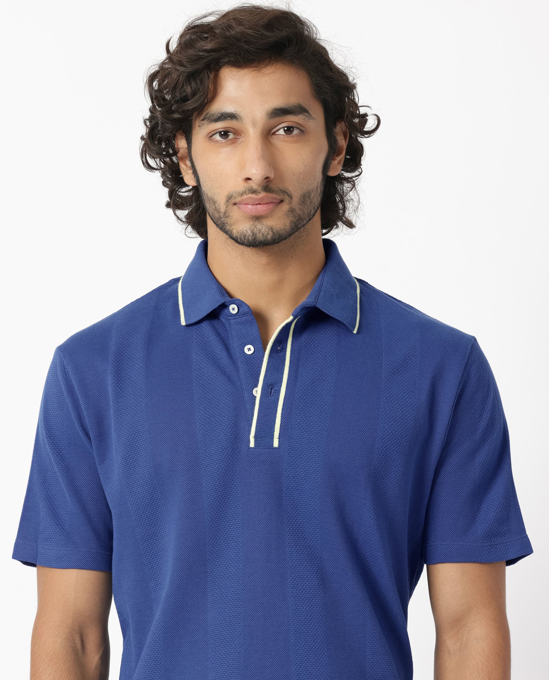 Rare Rabbit Men's Cardona Navy Cotton Fabric Collared Neck Half Sleeves Striped Polo T-Shirt