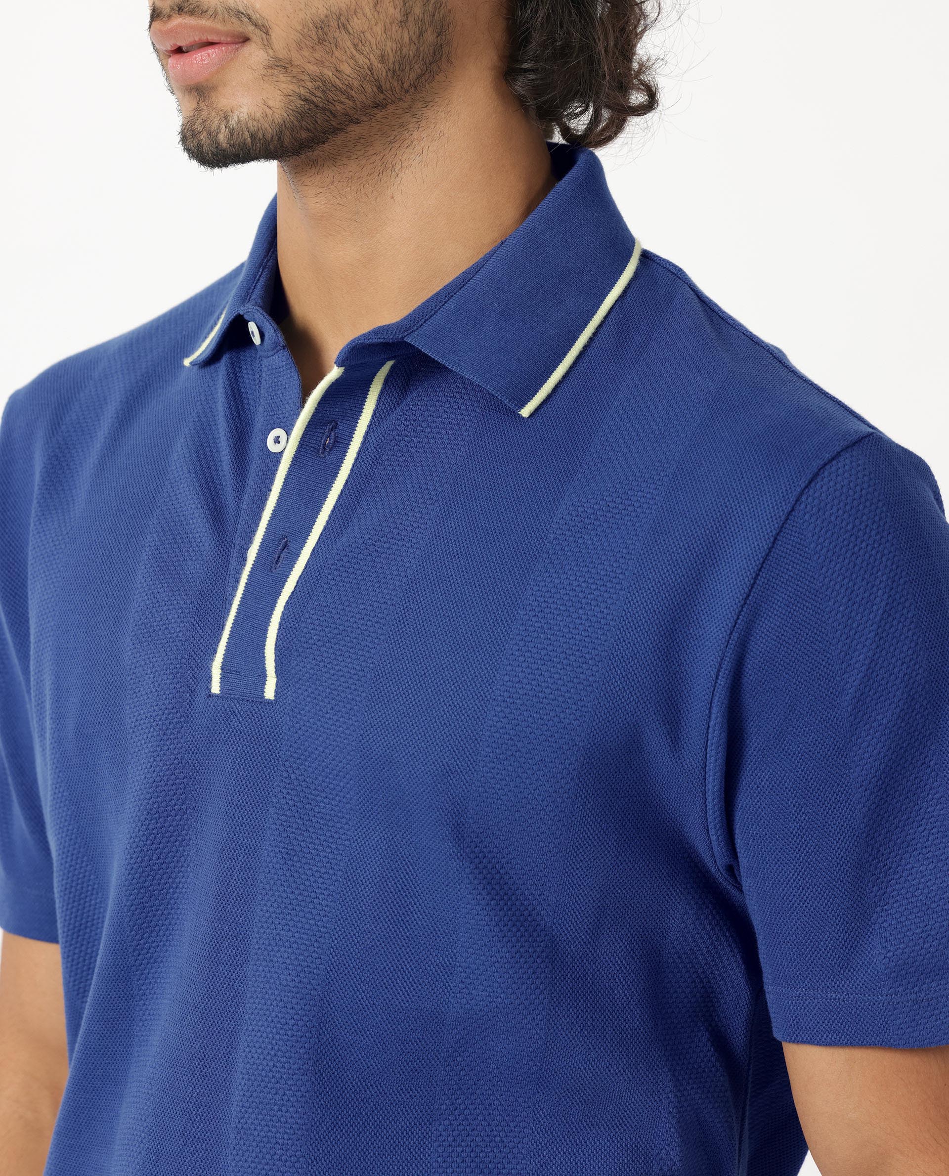 Rare Rabbit Men's Cardona Navy Cotton Fabric Collared Neck Half Sleeves Striped Polo T-Shirt