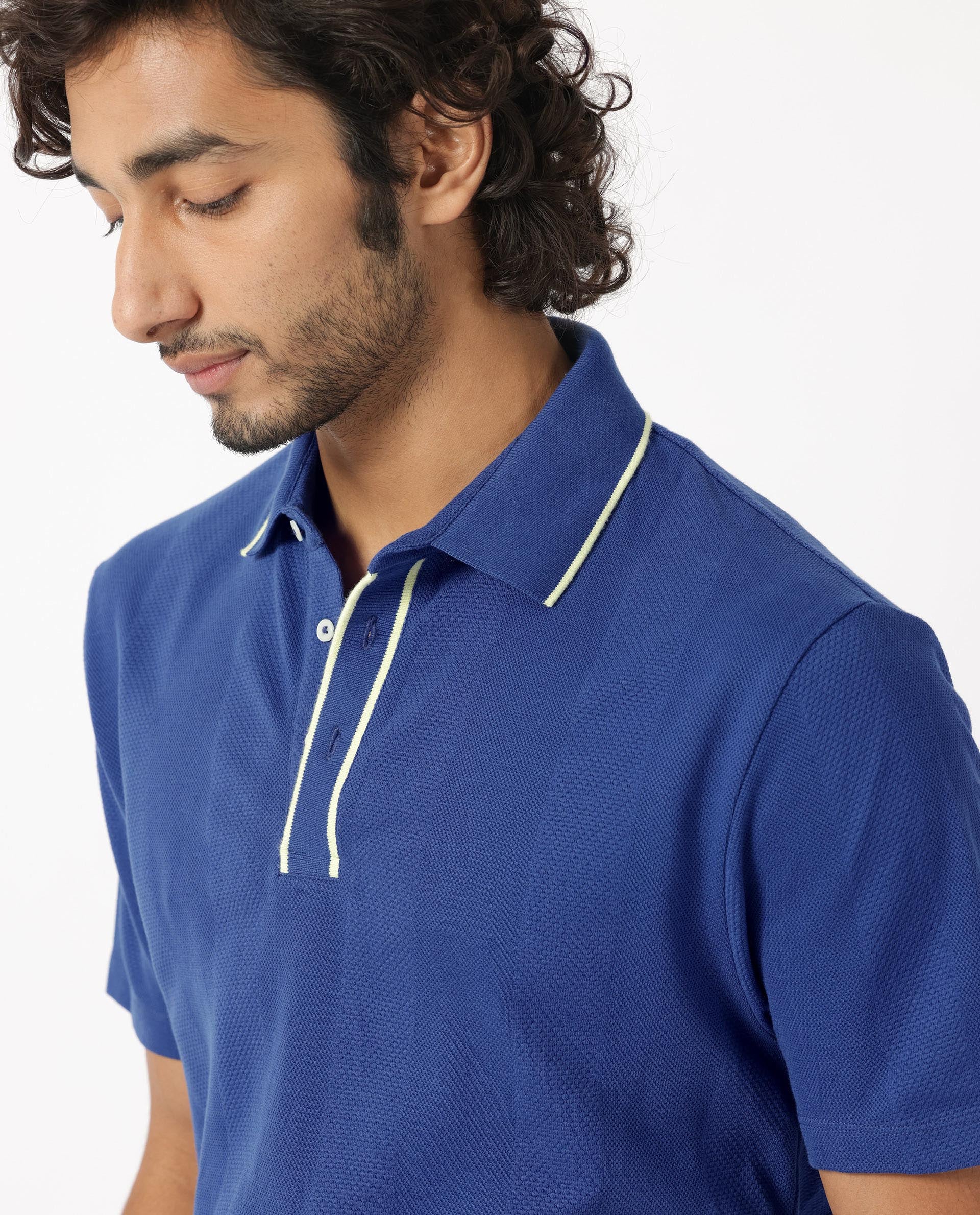 Rare Rabbit Men's Cardona Navy Cotton Fabric Collared Neck Half Sleeves Striped Polo T-Shirt