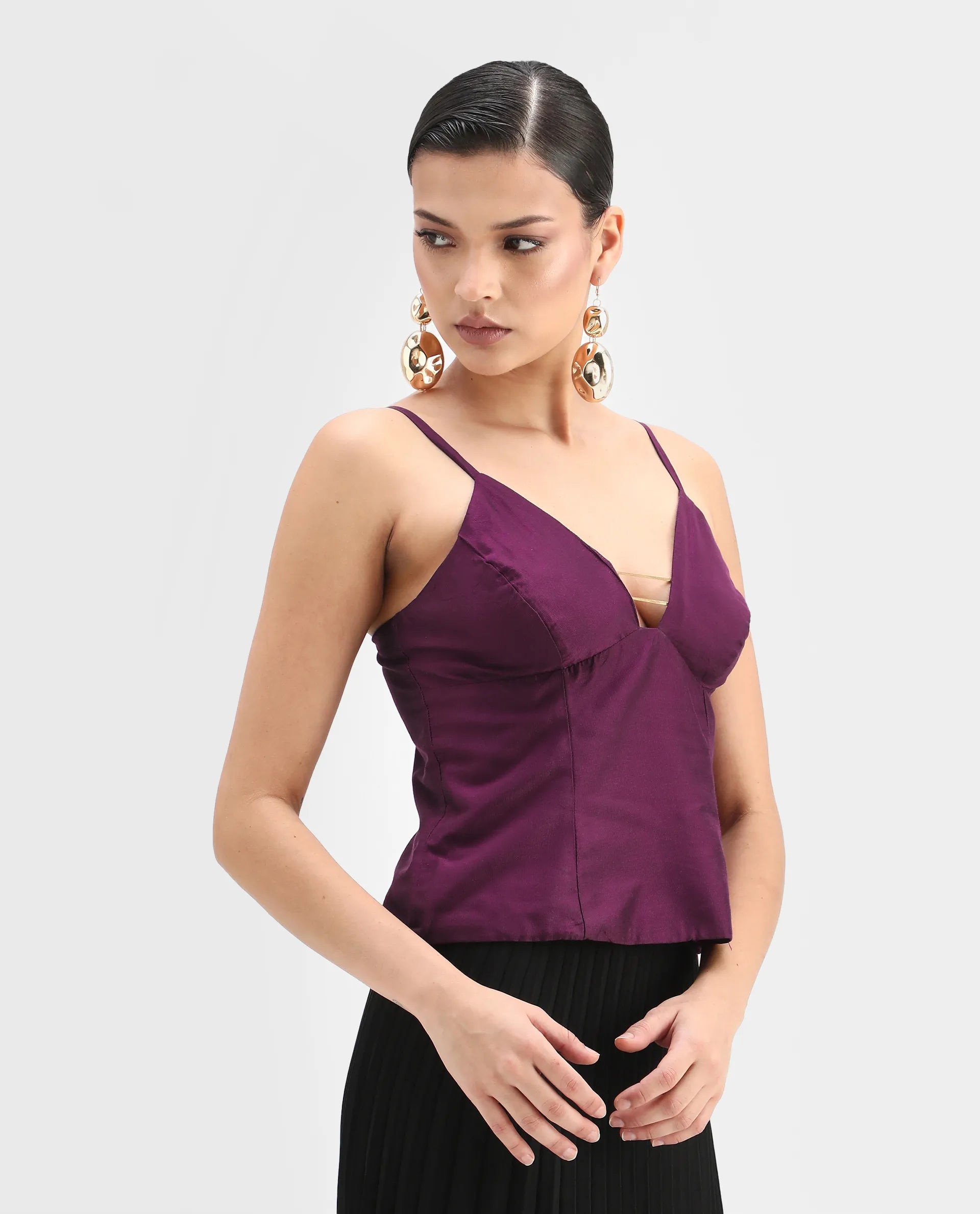 Rareism Women's Carfa Purple Silk Shoulder Strap Plain Sleeveless Crop Fitted Top