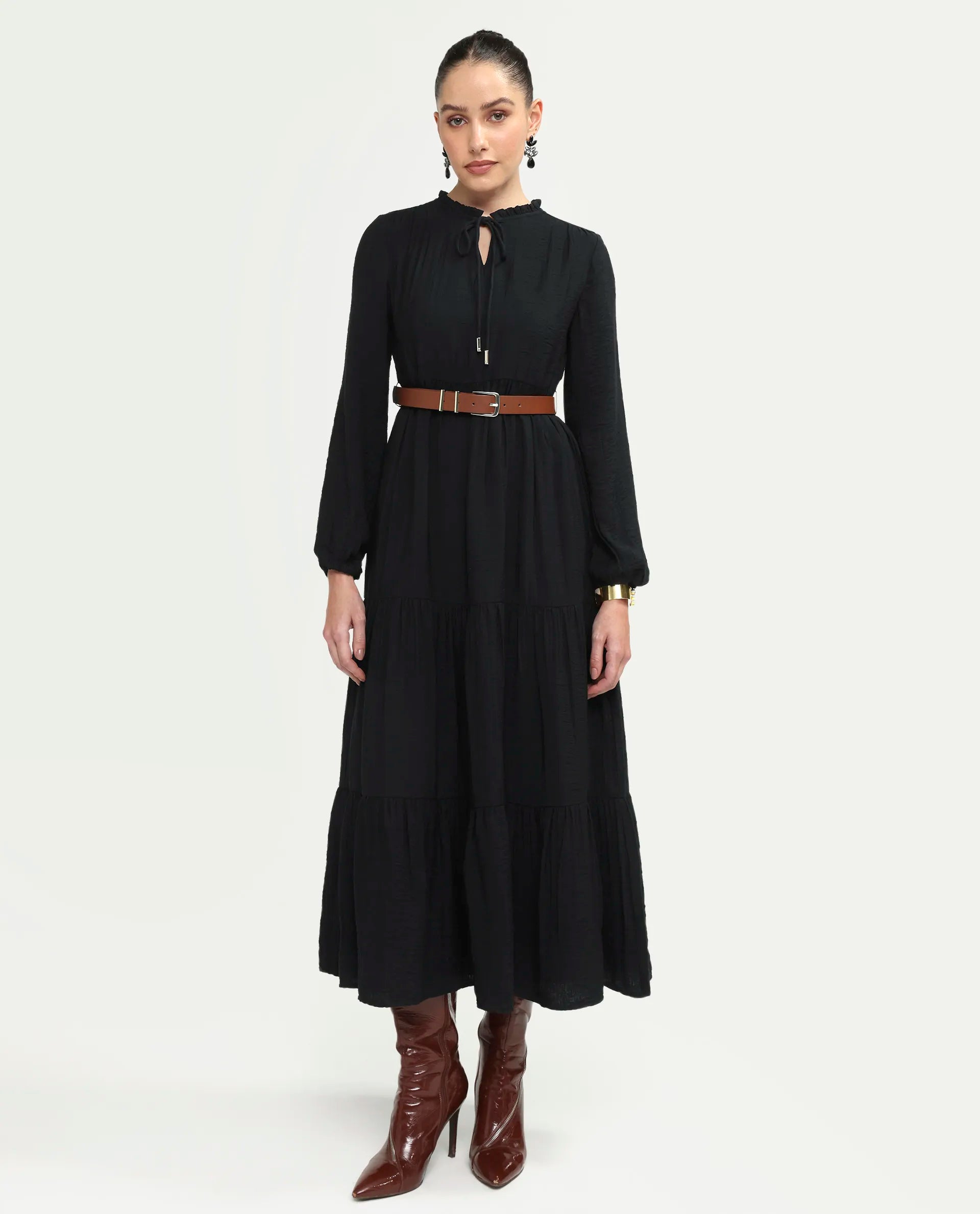 Rareism Women's Carlia Black Viscose Blend Full Sleeve Flared Plain Dress