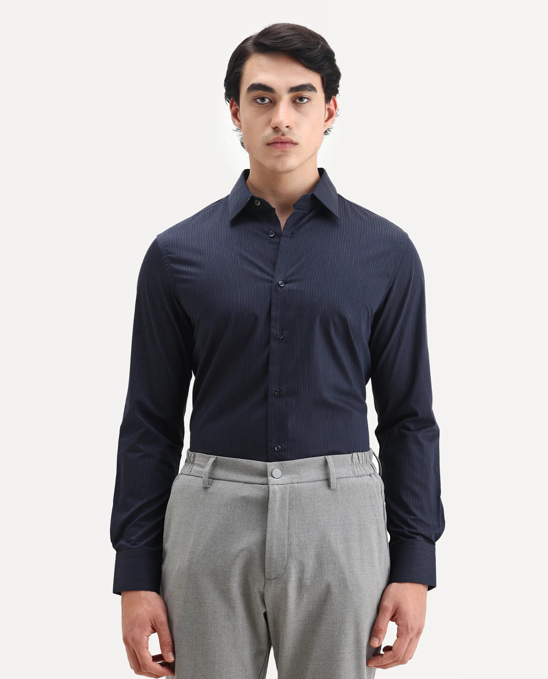 Rare Rabbit Men's Carlin Navy Cotton Striped Print Regular Fit Full Sleeve Collared Shirt