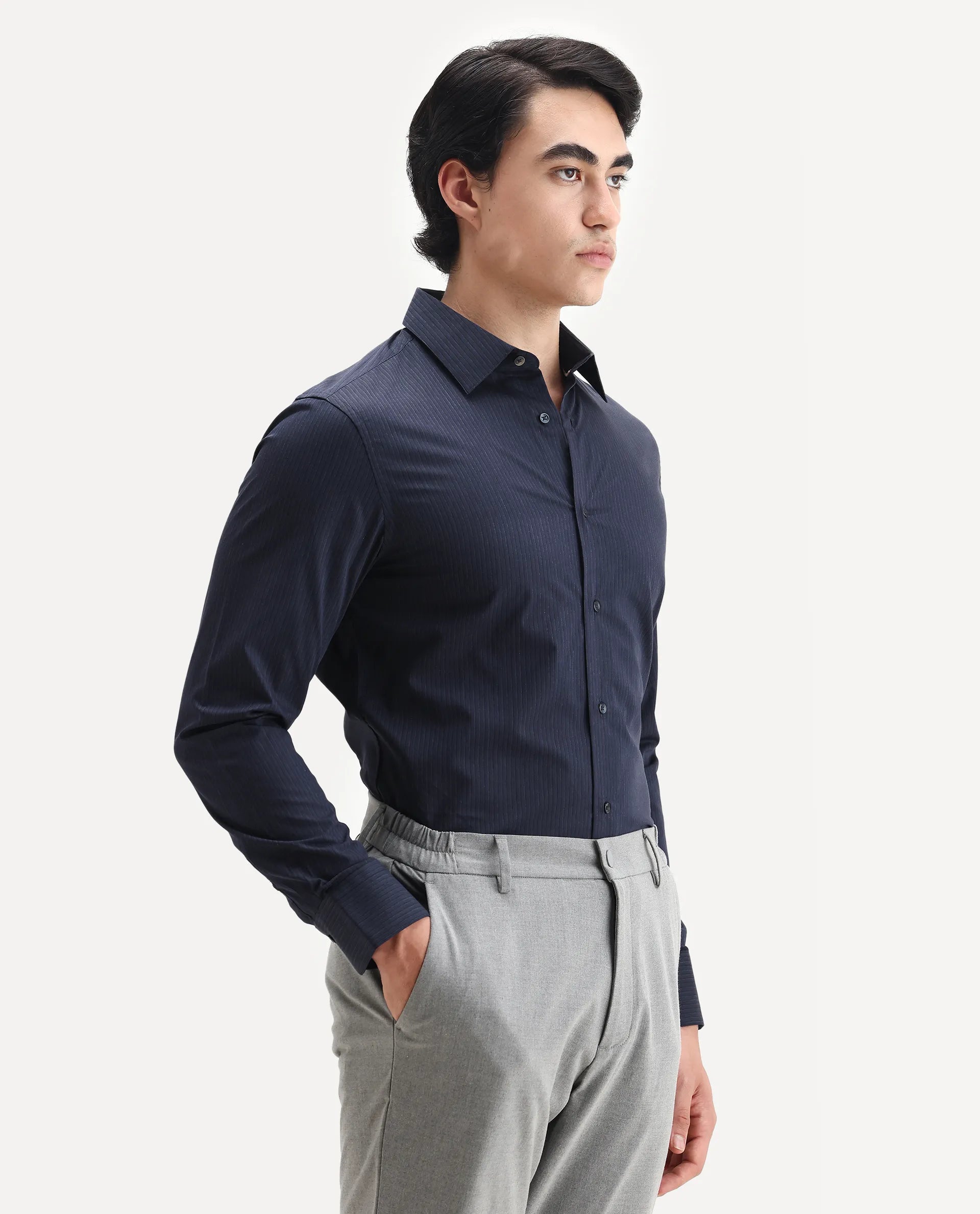 Rare Rabbit Men's Carlin Navy Cotton Striped Print Regular Fit Full Sleeve Collared Shirt