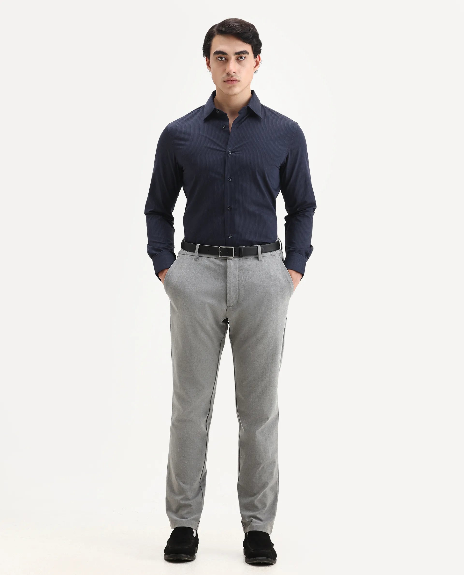 Rare Rabbit Men's Carlin Navy Cotton Striped Print Regular Fit Full Sleeve Collared Shirt