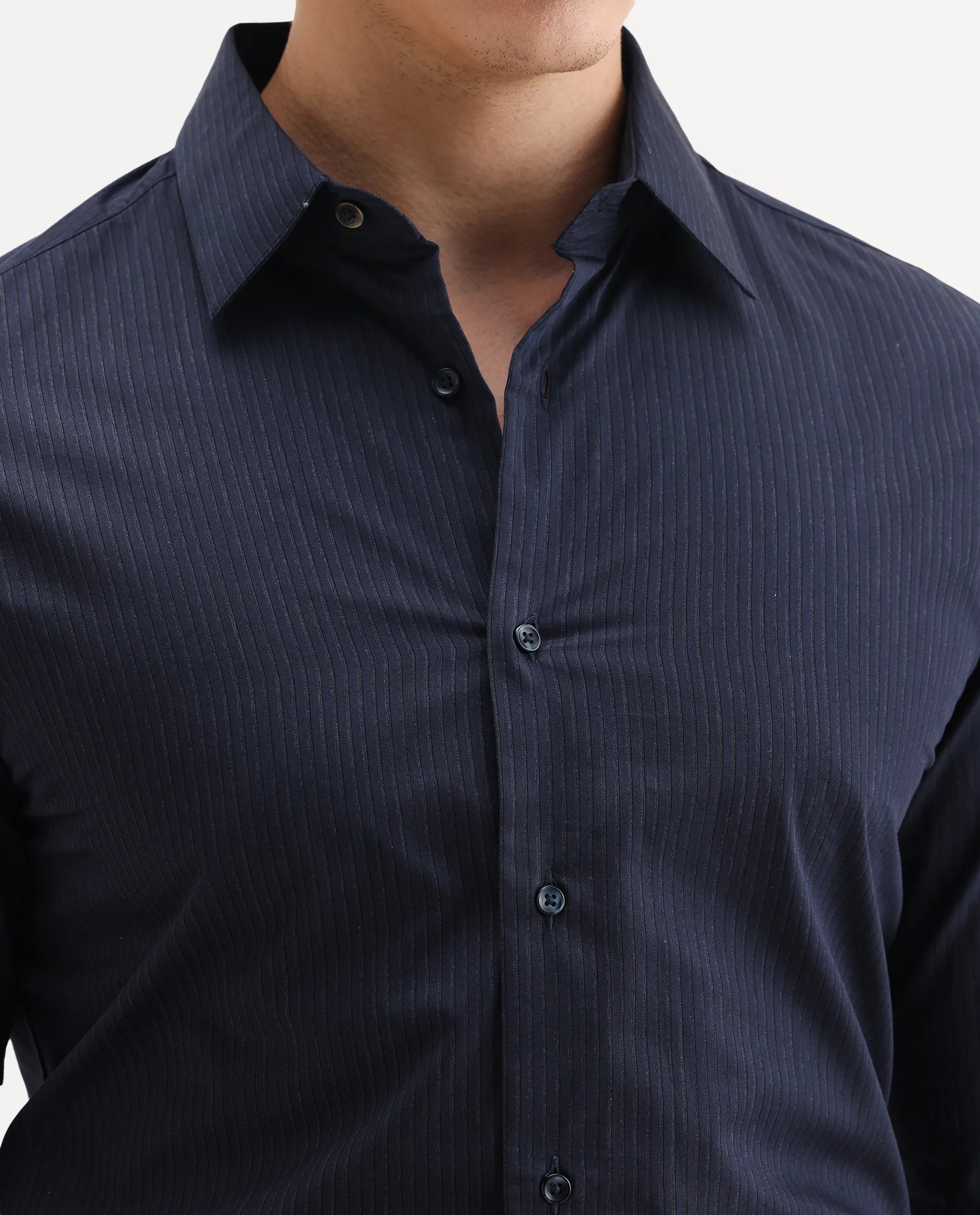 Rare Rabbit Men's Carlin Navy Cotton Striped Print Regular Fit Full Sleeve Collared Shirt