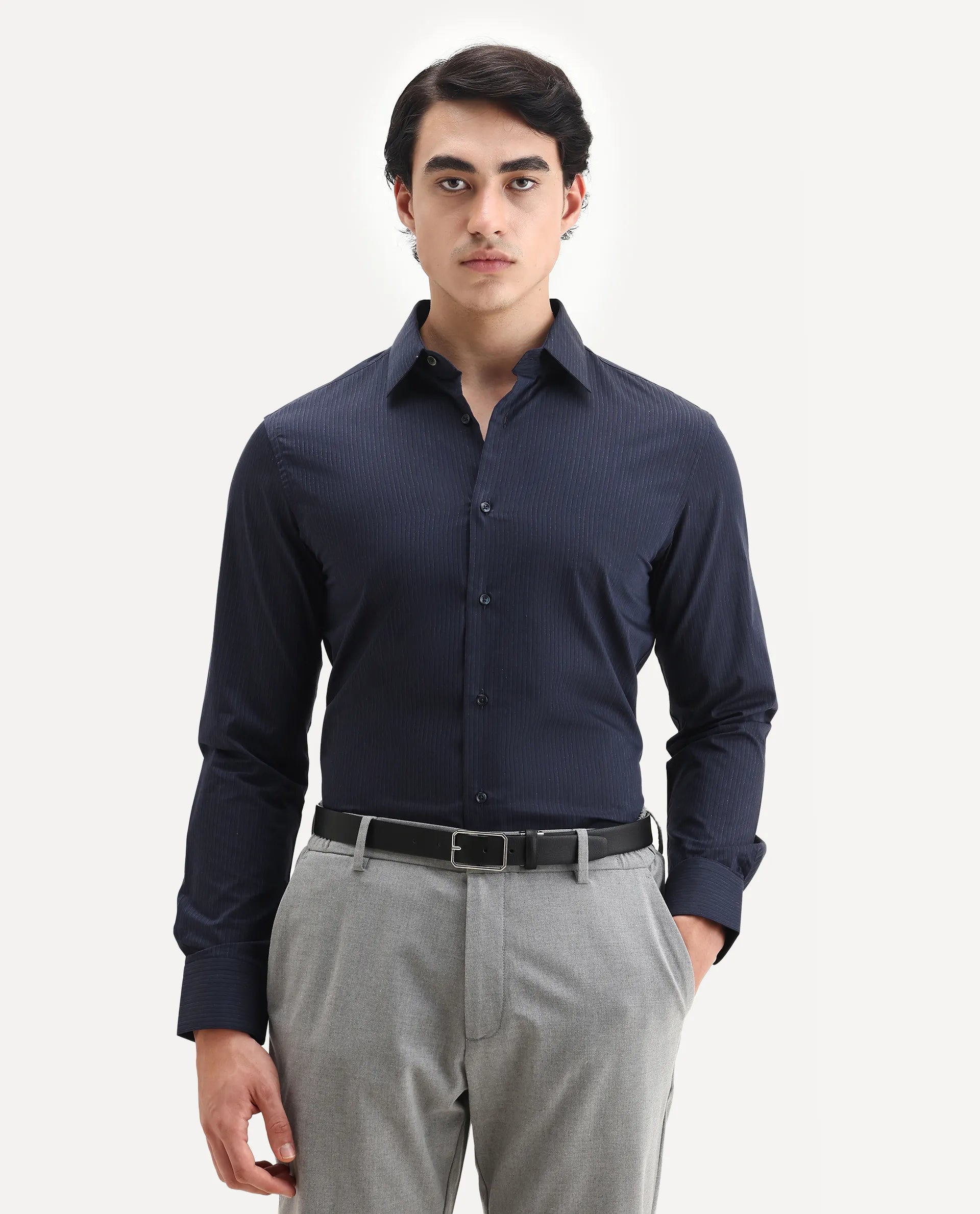 Rare Rabbit Men's Carlin Navy Cotton Striped Print Regular Fit Full Sleeve Collared Shirt