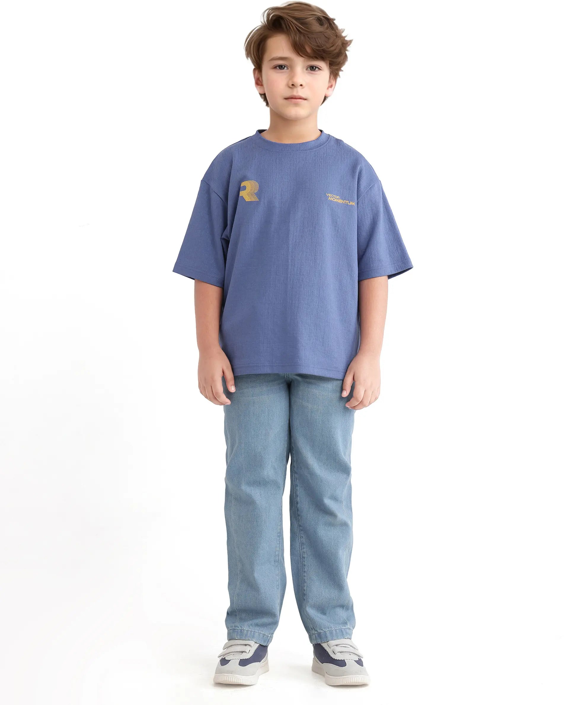 Rare Ones Kids Carlo-K Dusky Blue Cotton Blend Short Sleeve Crew Neck Print T-Shirt