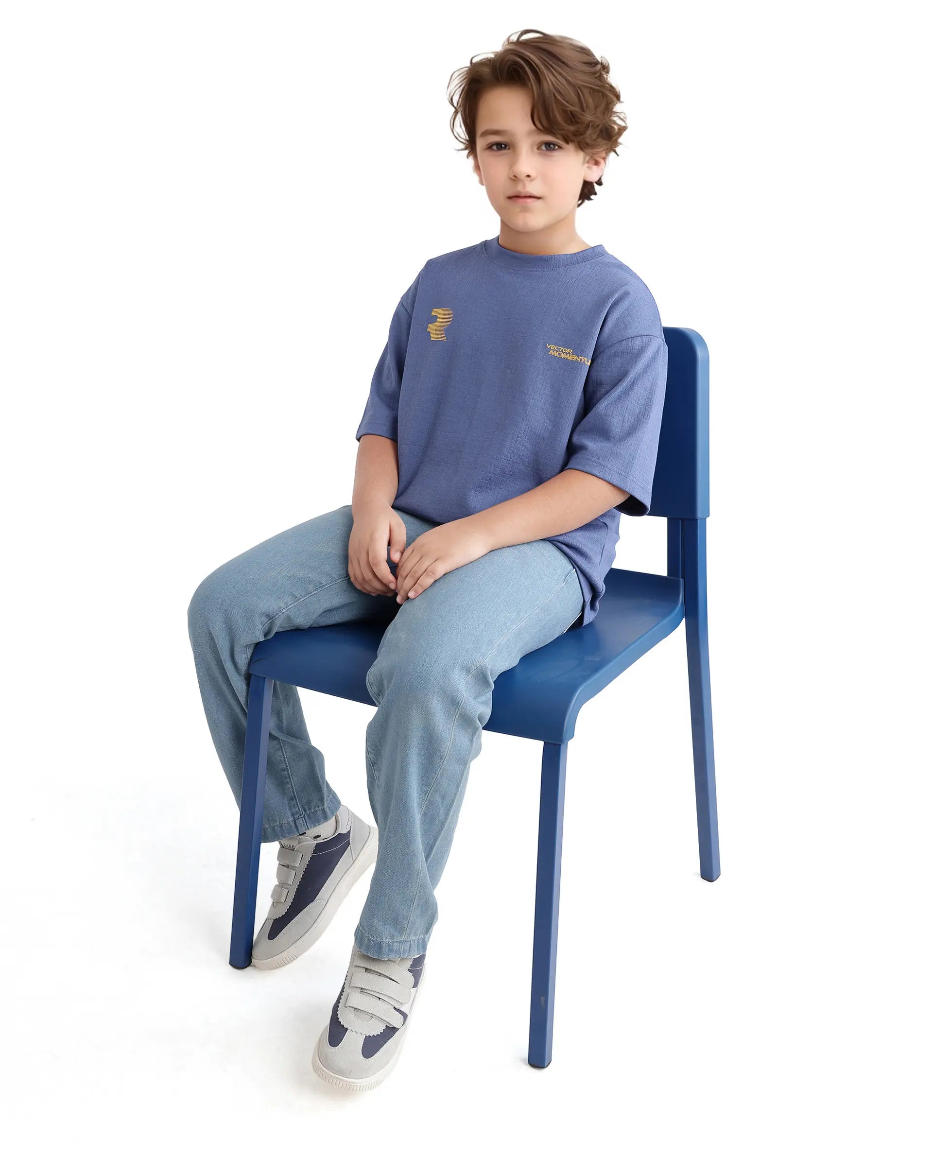 Rare Ones Kids Carlo-K Dusky Blue Cotton Blend Short Sleeve Crew Neck Print T-Shirt