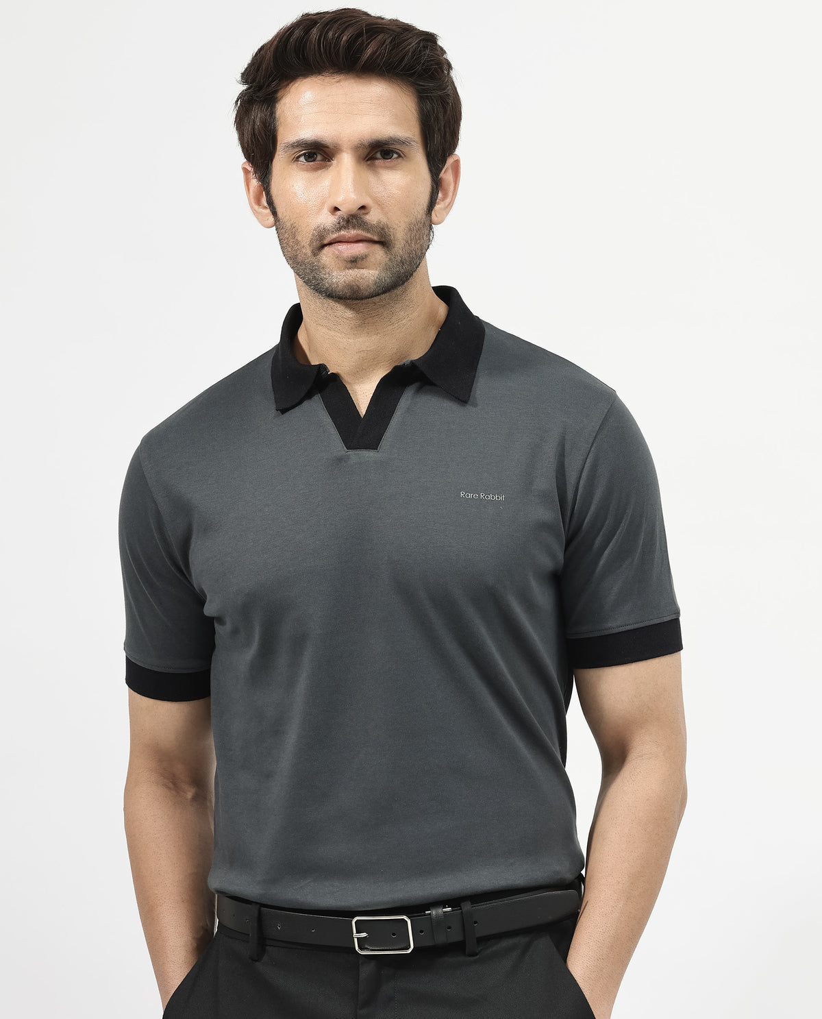 Rare Rabbit Men's Carmelon Dark Grey Cotton Plain Regular Fit Half Sleeve Polo