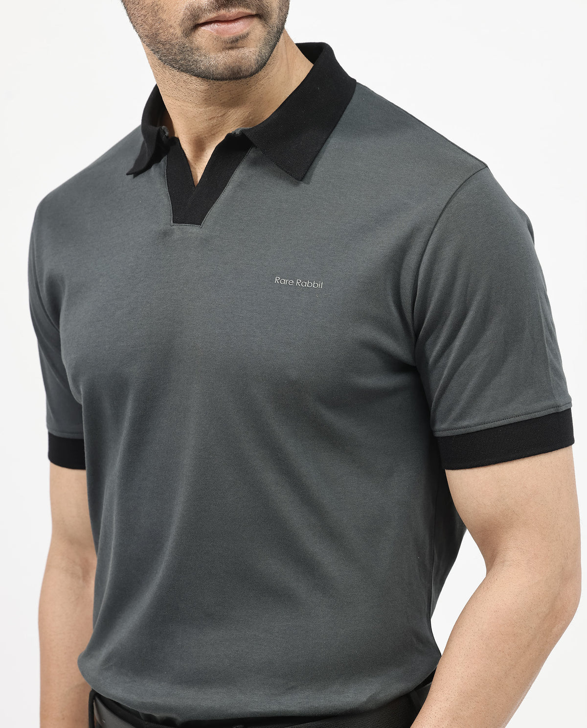 Rare Rabbit Men's Carmelon Dark Grey Cotton Plain Regular Fit Half Sleeve Polo