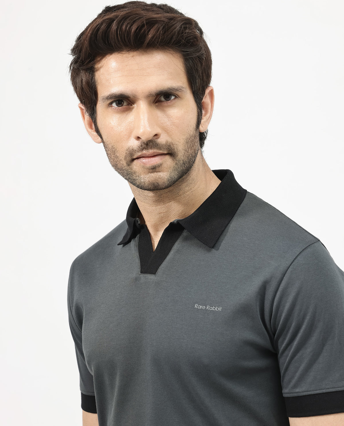 Rare Rabbit Men's Carmelon Dark Grey Cotton Plain Regular Fit Half Sleeve Polo