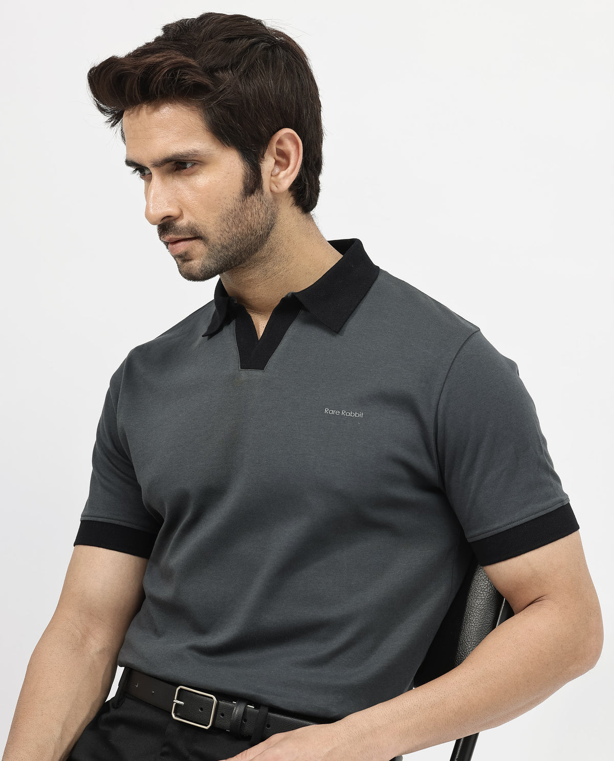 Rare Rabbit Men's Carmelon Dark Grey Cotton Plain Regular Fit Half Sleeve Polo