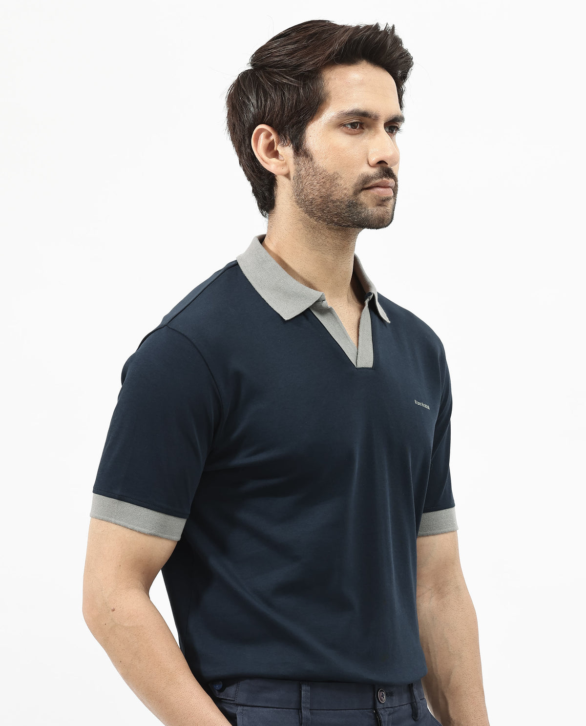 Rare Rabbit Men's Carmelon Navy Cotton Plain Regular Fit Half Sleeve Polo