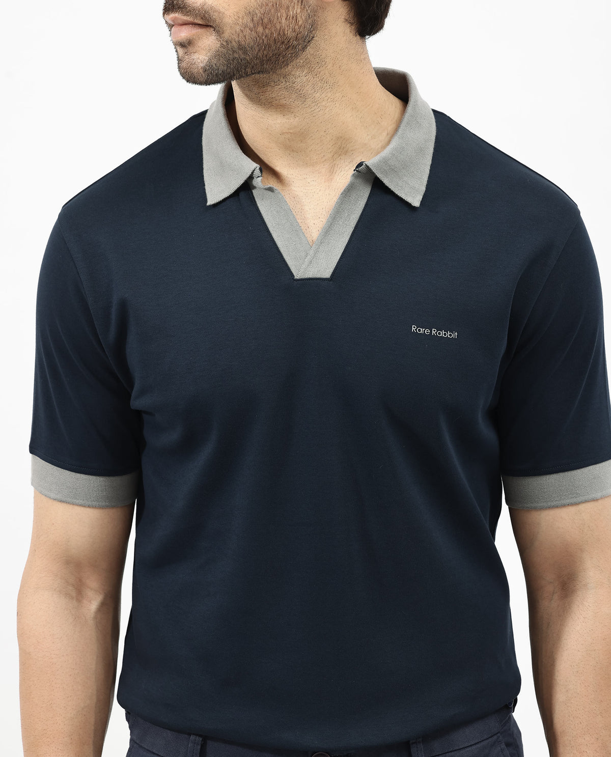 Rare Rabbit Men's Carmelon Navy Cotton Plain Regular Fit Half Sleeve Polo