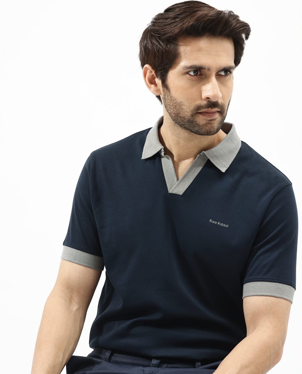 Rare Rabbit Men's Carmelon Navy Cotton Plain Regular Fit Half Sleeve Polo