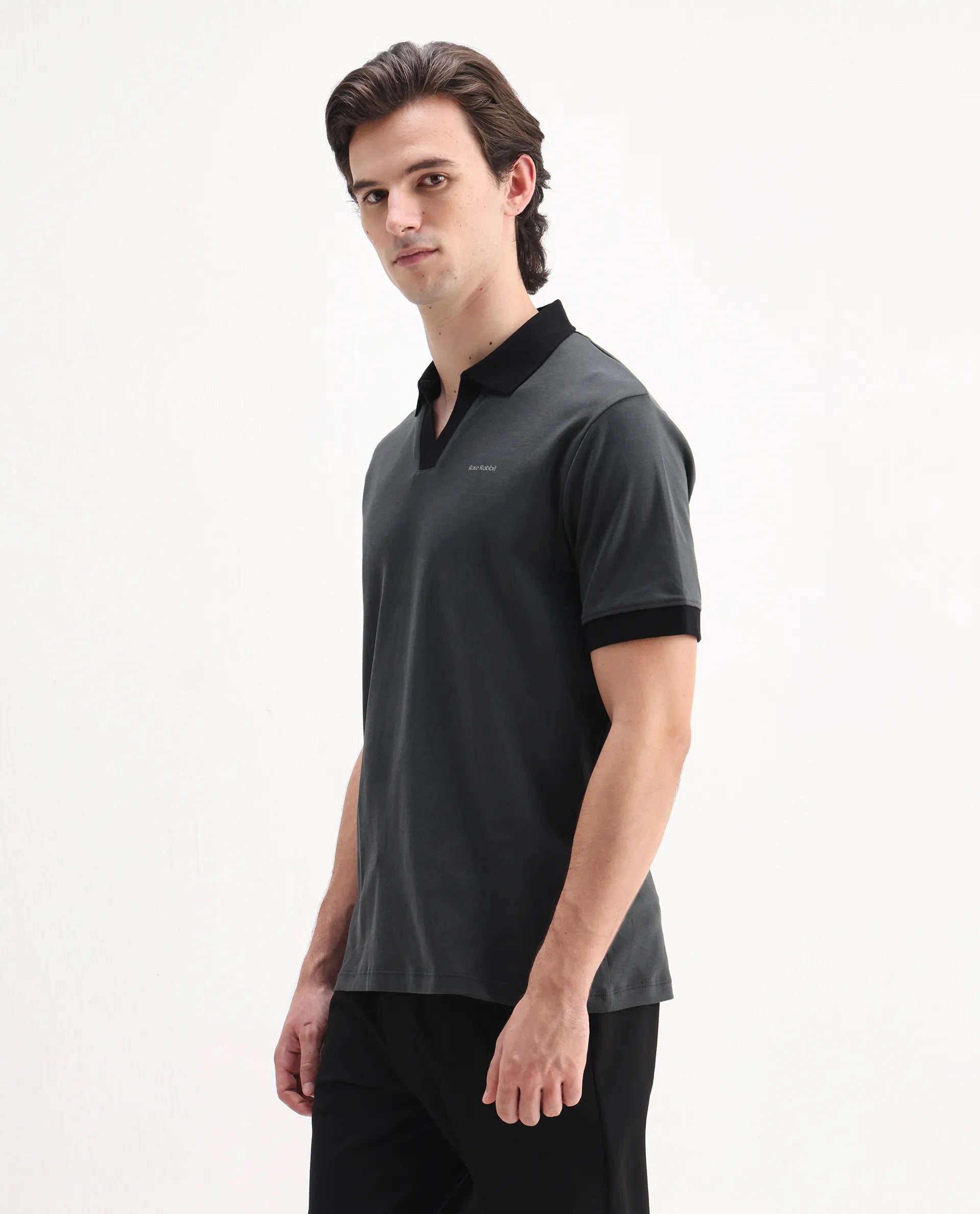Rare Rabbit Men's Carmelon Dark Grey Cotton Plain Regular Fit Half Sleeve Polo