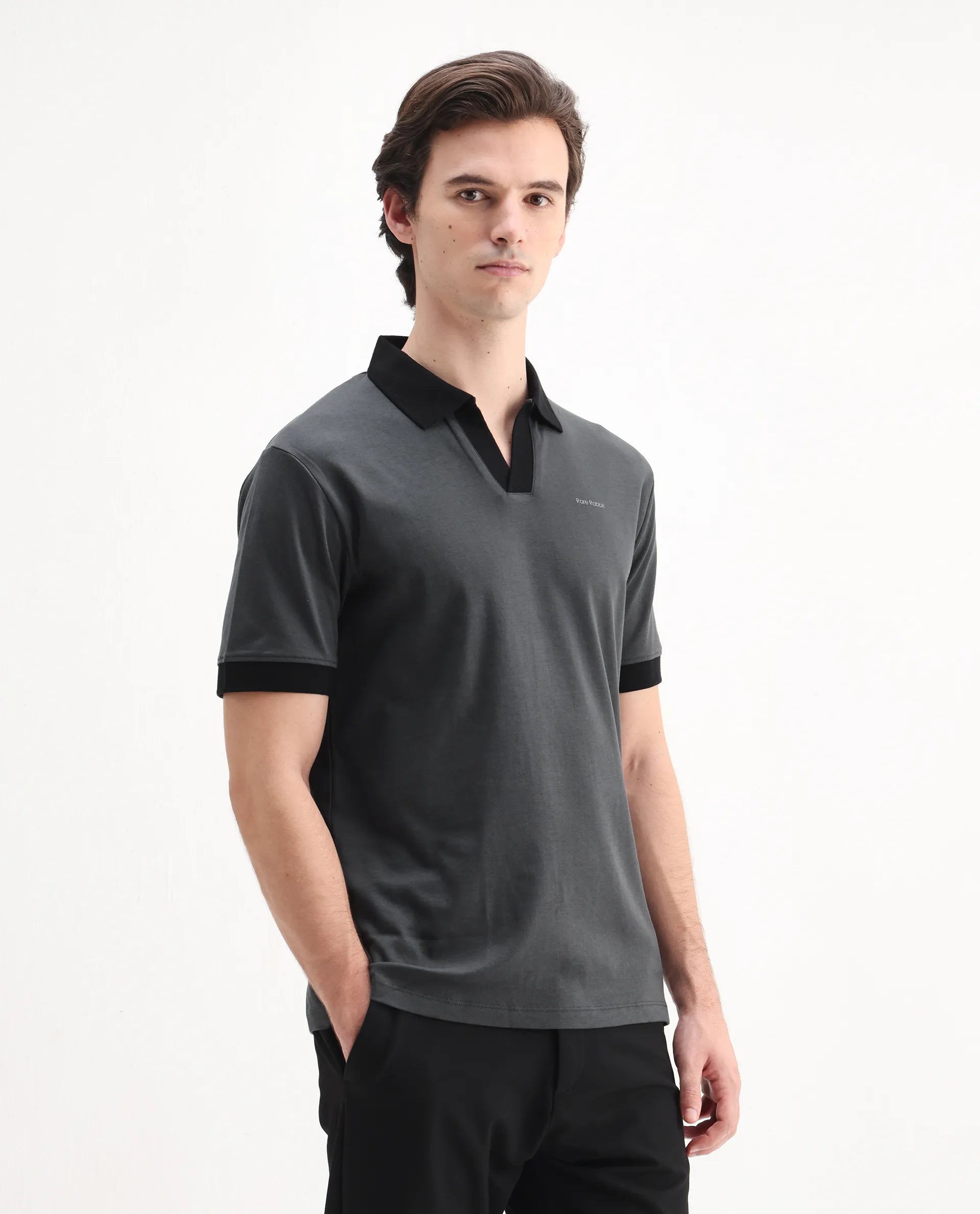 Rare Rabbit Men's Carmelon Dark Grey Cotton Plain Regular Fit Half Sleeve Polo