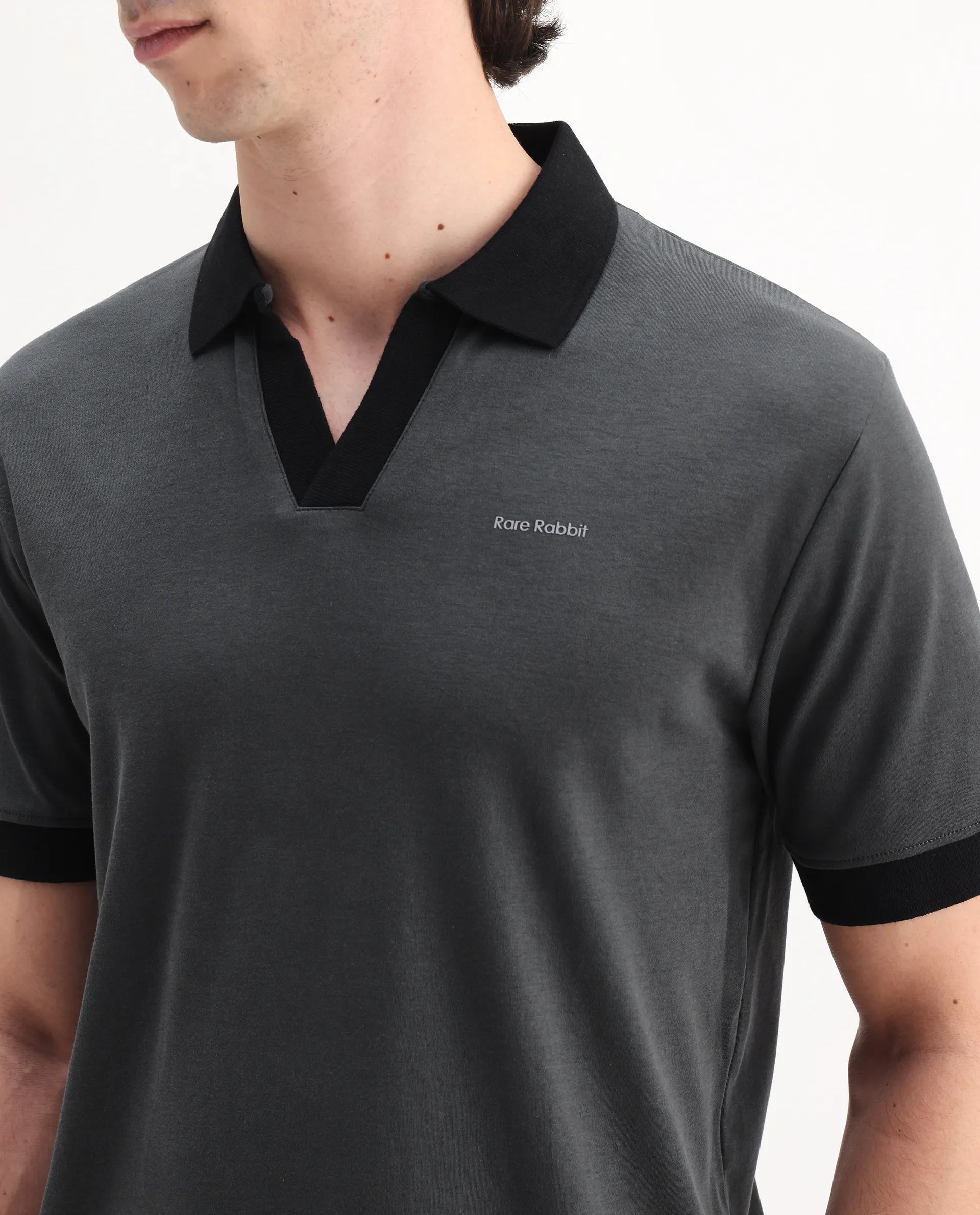 Rare Rabbit Men's Carmelon Dark Grey Cotton Plain Regular Fit Half Sleeve Polo
