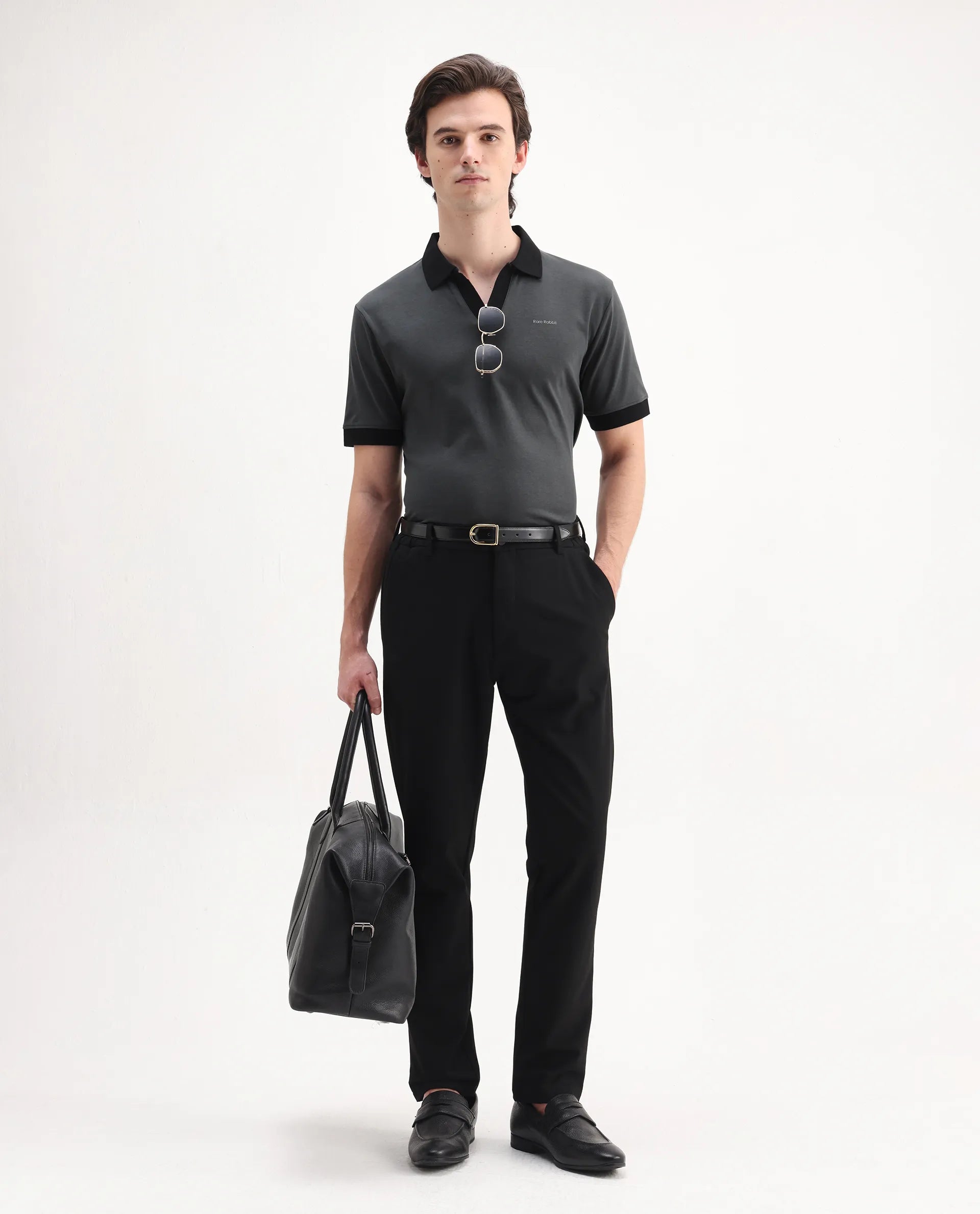 Rare Rabbit Men's Carmelon Dark Grey Cotton Plain Regular Fit Half Sleeve Polo