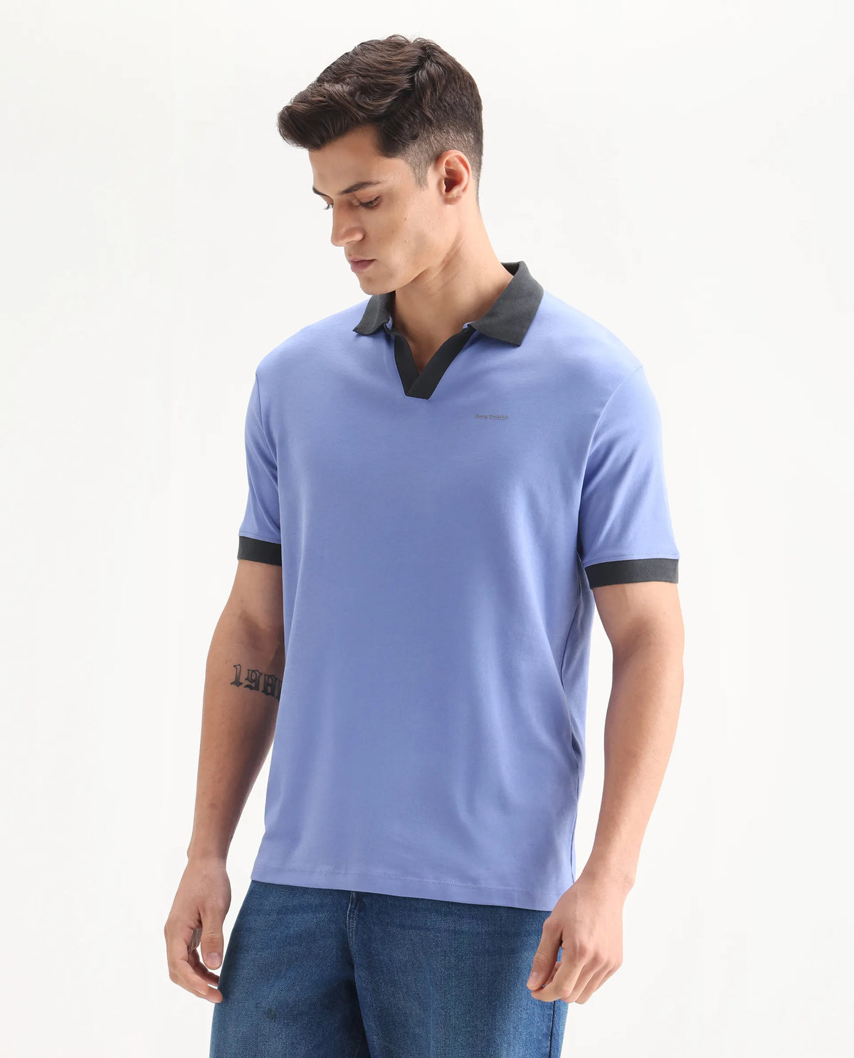 Rare Rabbit Men's Carmelon Pastel Blue Cotton Plain Regular Fit Half Sleeve Polo