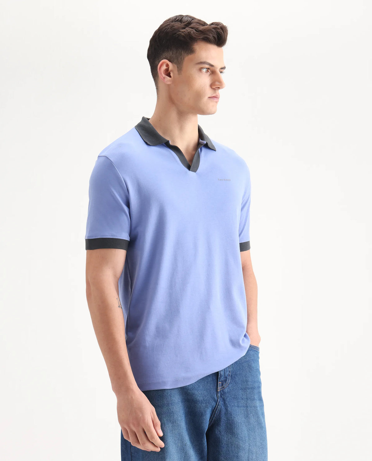 Rare Rabbit Men's Carmelon Pastel Blue Cotton Plain Regular Fit Half Sleeve Polo