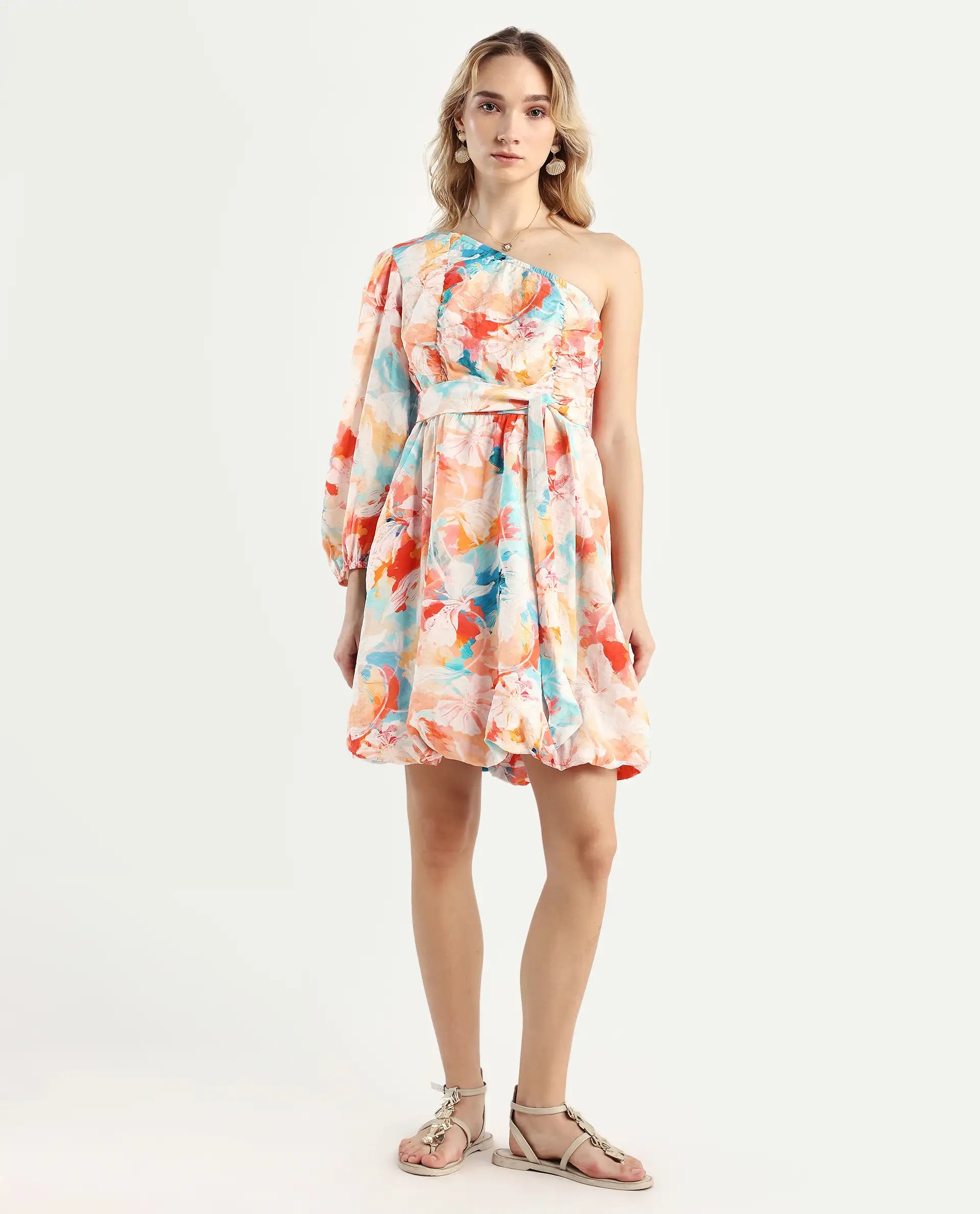 Rareism Women's Carmen Light Multi Nylon Blend One Shoulder Floral Print Bishop Sleeve Mini Fit And Flare Dress