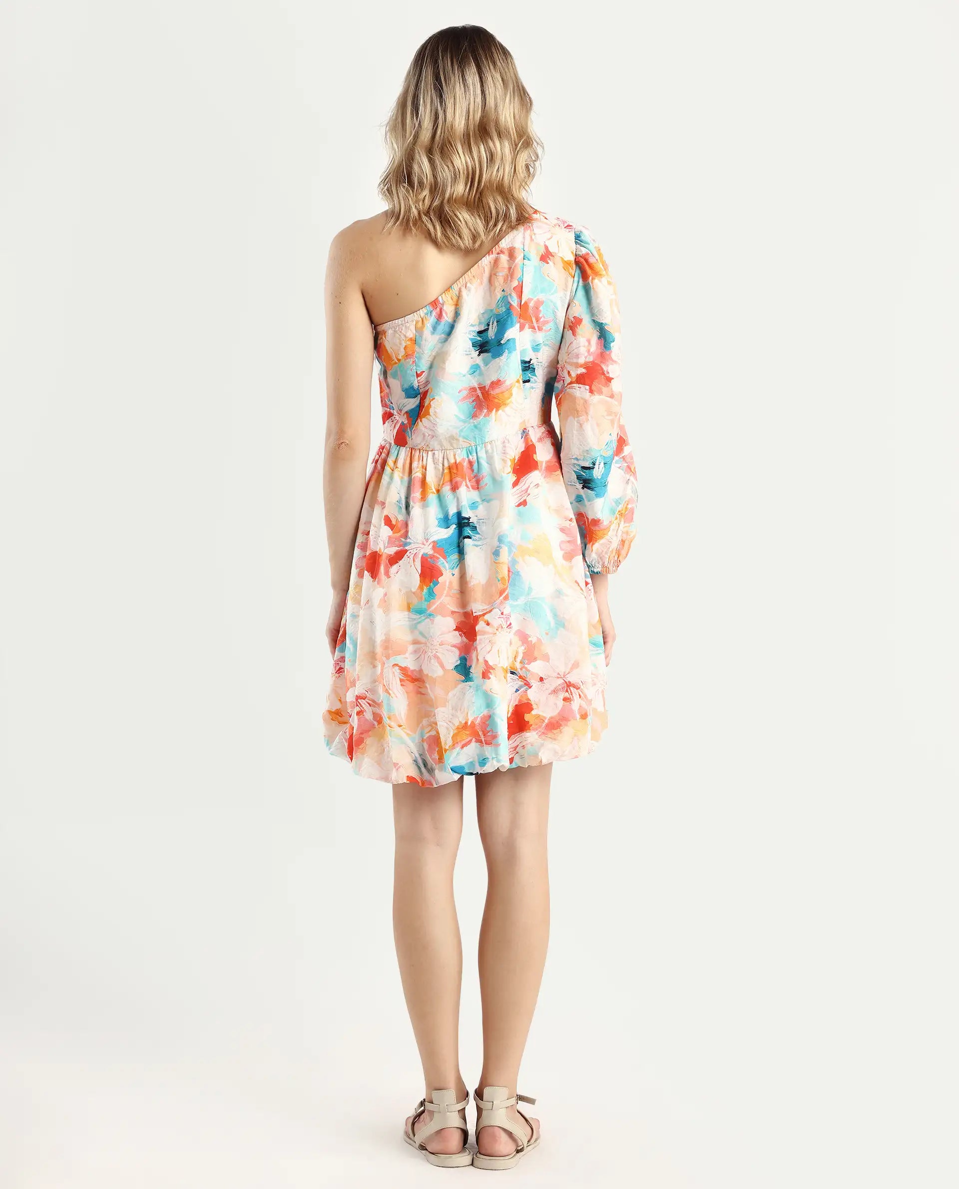 Rareism Women's Carmen Light Multi Nylon Blend One Shoulder Floral Print Bishop Sleeve Mini Fit And Flare Dress