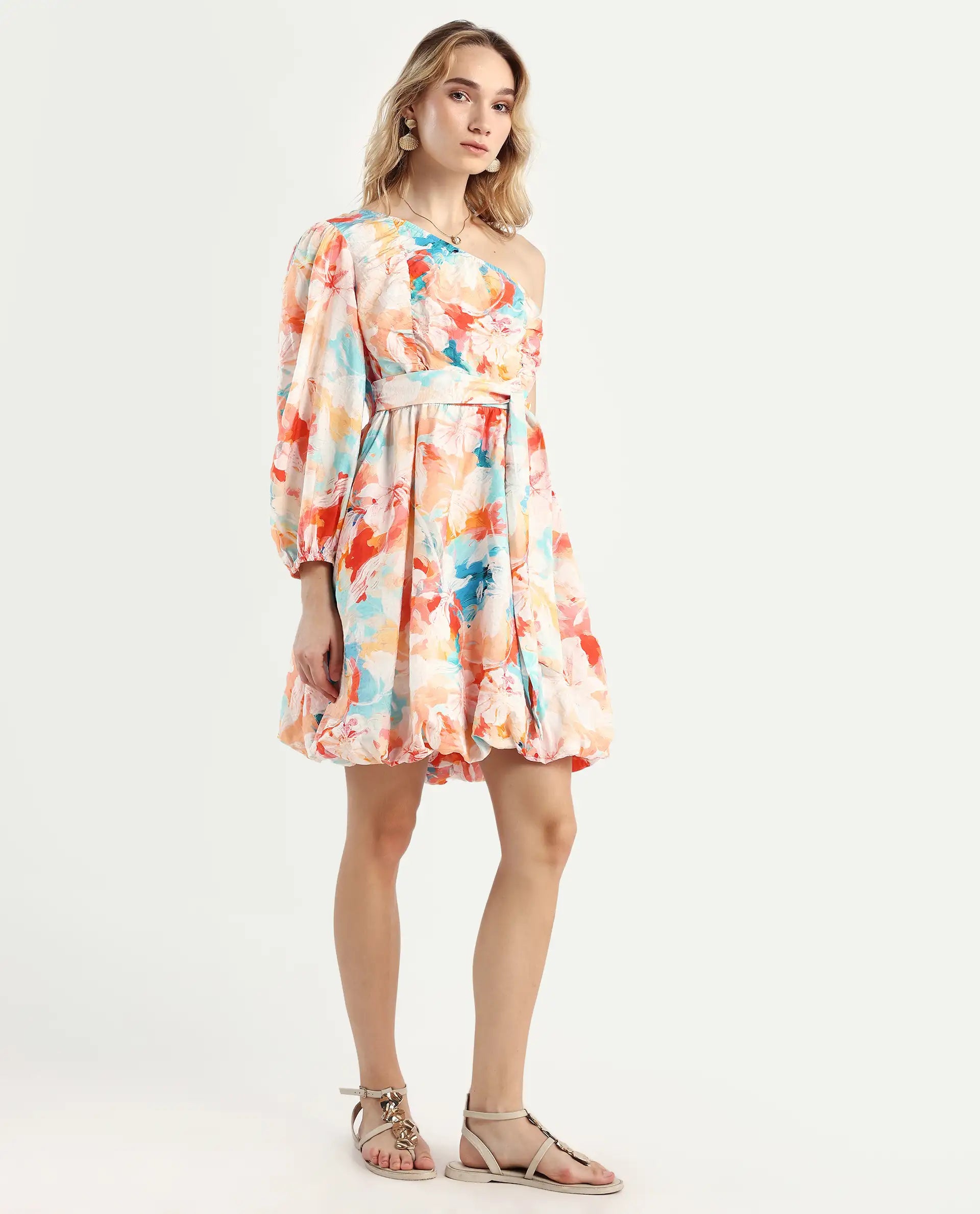 Rareism Women's Carmen Light Multi Nylon Blend One Shoulder Floral Print Bishop Sleeve Mini Fit And Flare Dress