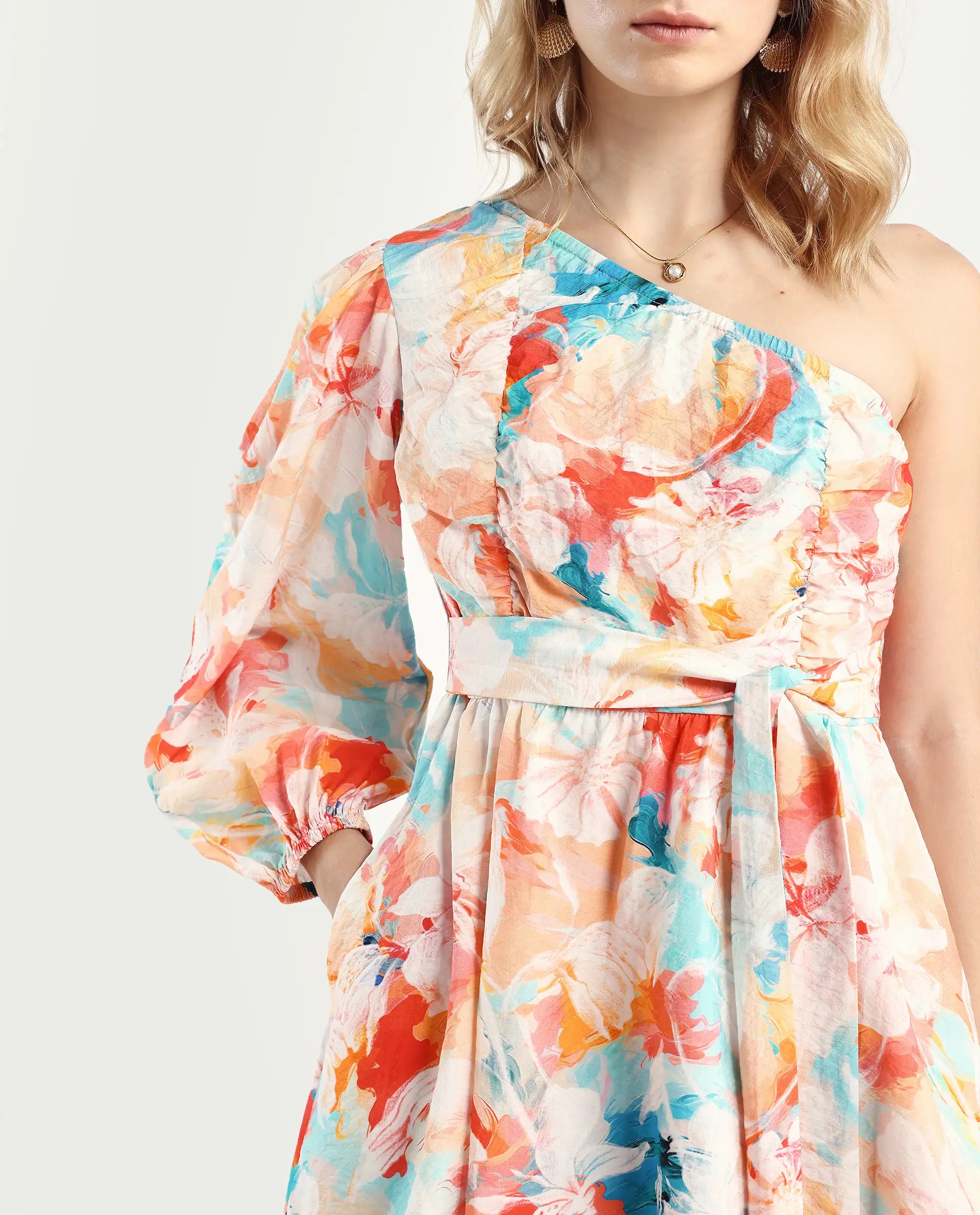 Rareism Women's Carmen Light Multi Nylon Blend One Shoulder Floral Print Bishop Sleeve Mini Fit And Flare Dress