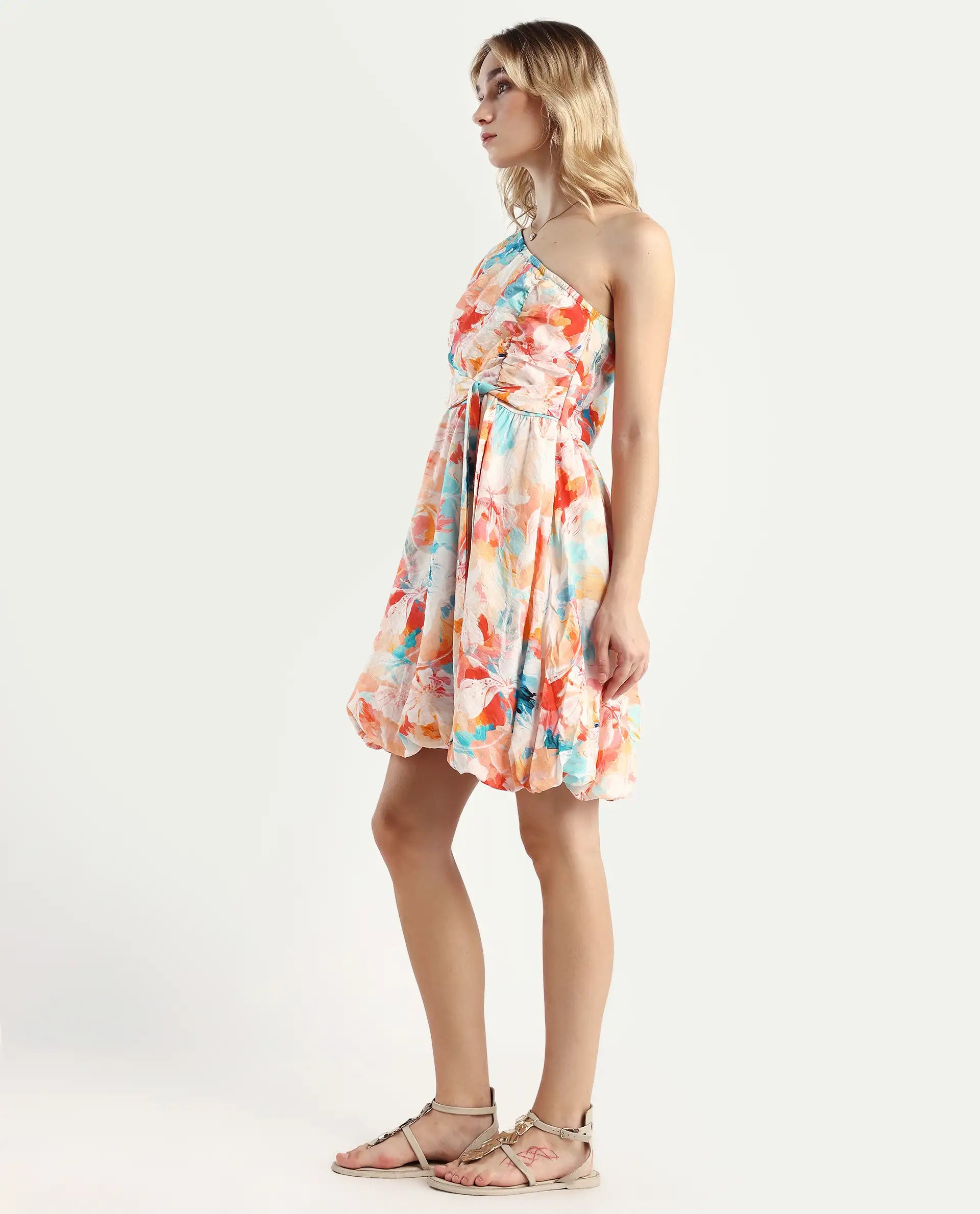 Rareism Women's Carmen Light Multi Nylon Blend One Shoulder Floral Print Bishop Sleeve Mini Fit And Flare Dress