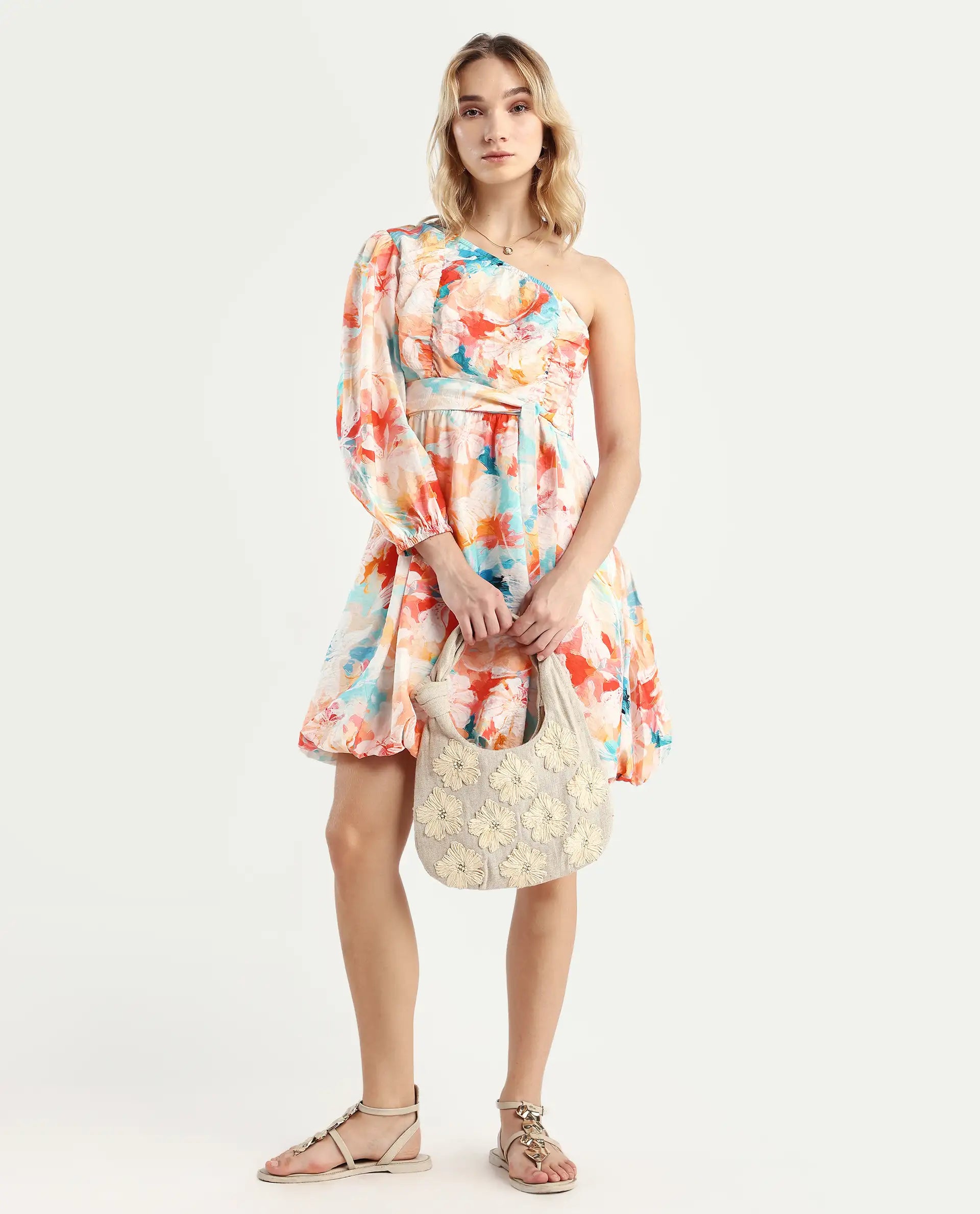 Rareism Women's Carmen Light Multi Nylon Blend One Shoulder Floral Print Bishop Sleeve Mini Fit And Flare Dress